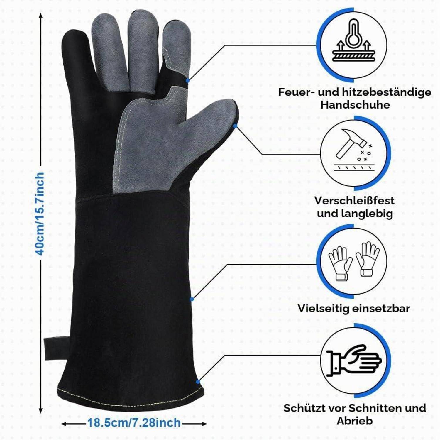 Produktbild eines schwarzgrauen Schutzhandschuhs, 40 cm lang und 18,5 cm breit, mit Hervorhebung von Wärmefestigkeit, Haltbarkeit, Vielseitigkeit und Schnitt- sowie Abriebfestigkeit.