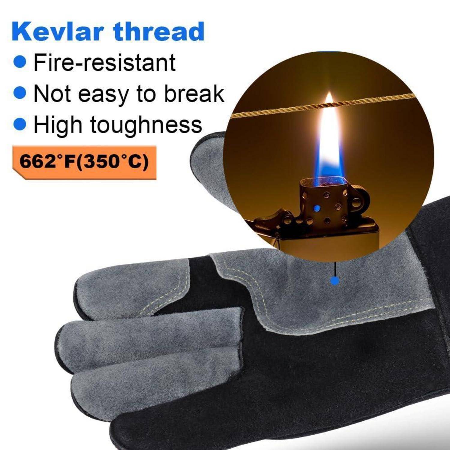 Kevlar-Faden wird als feuerbeständig, reißfest und hochgradig zäh dargestellt, mit einem Flammentest und einer Wärmeeinstufung von 662°F (350°C) über einem Schutzhandschuh.