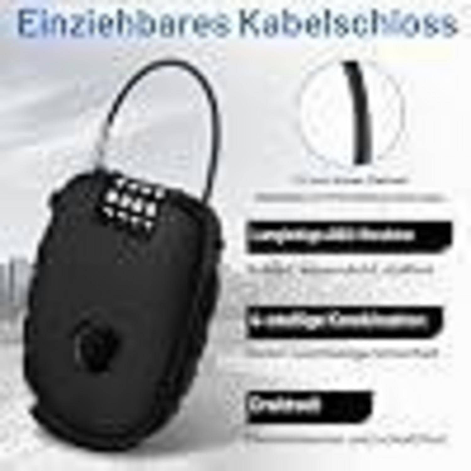 Produktbild eines kleinen schwarzen schlüssellosen Kabelschlosses mit Tastatur und Schlaufenkabel, mit deutscher Beschriftung 