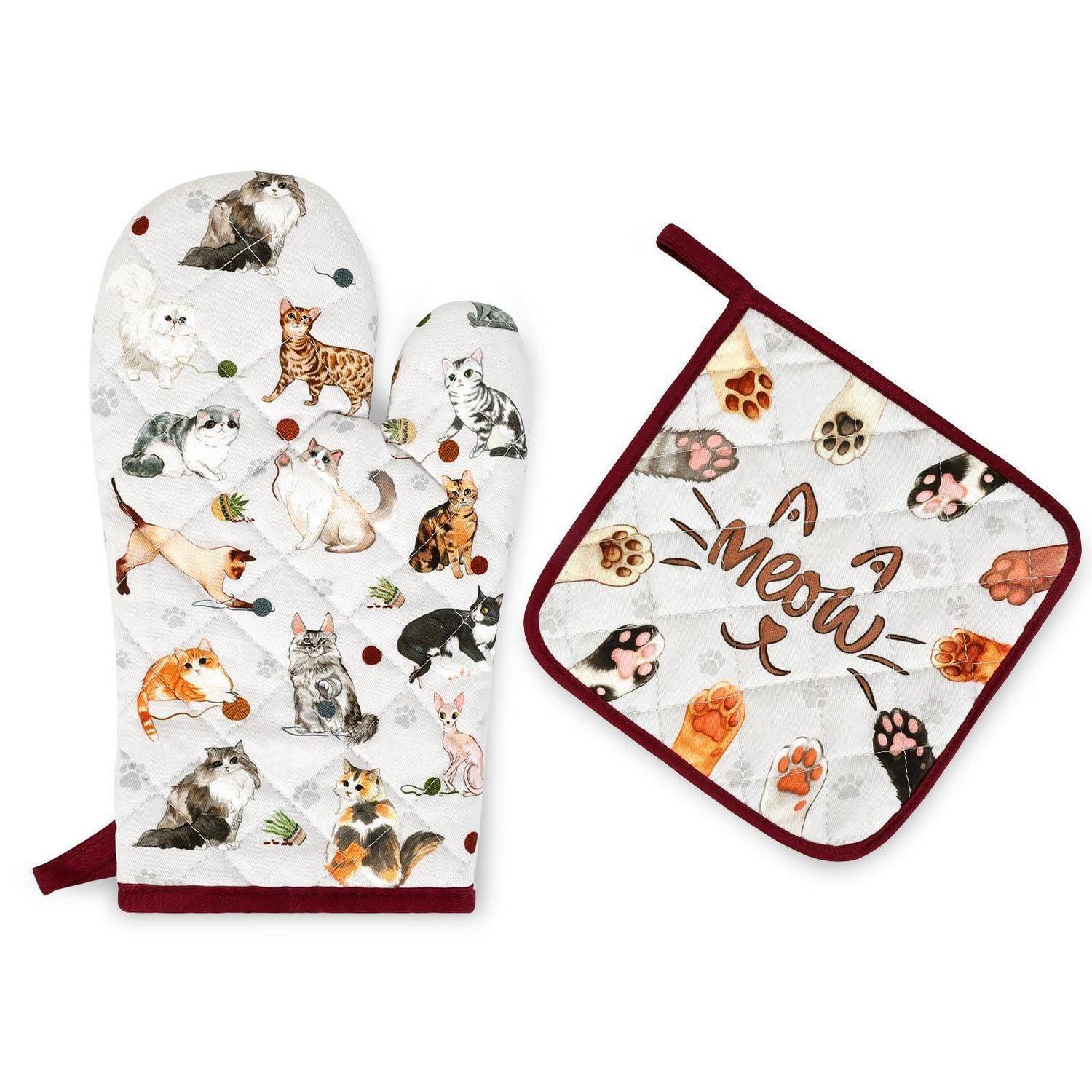Katzen-Themen-Ofenhandschuh- und Topflappen-Set mit 