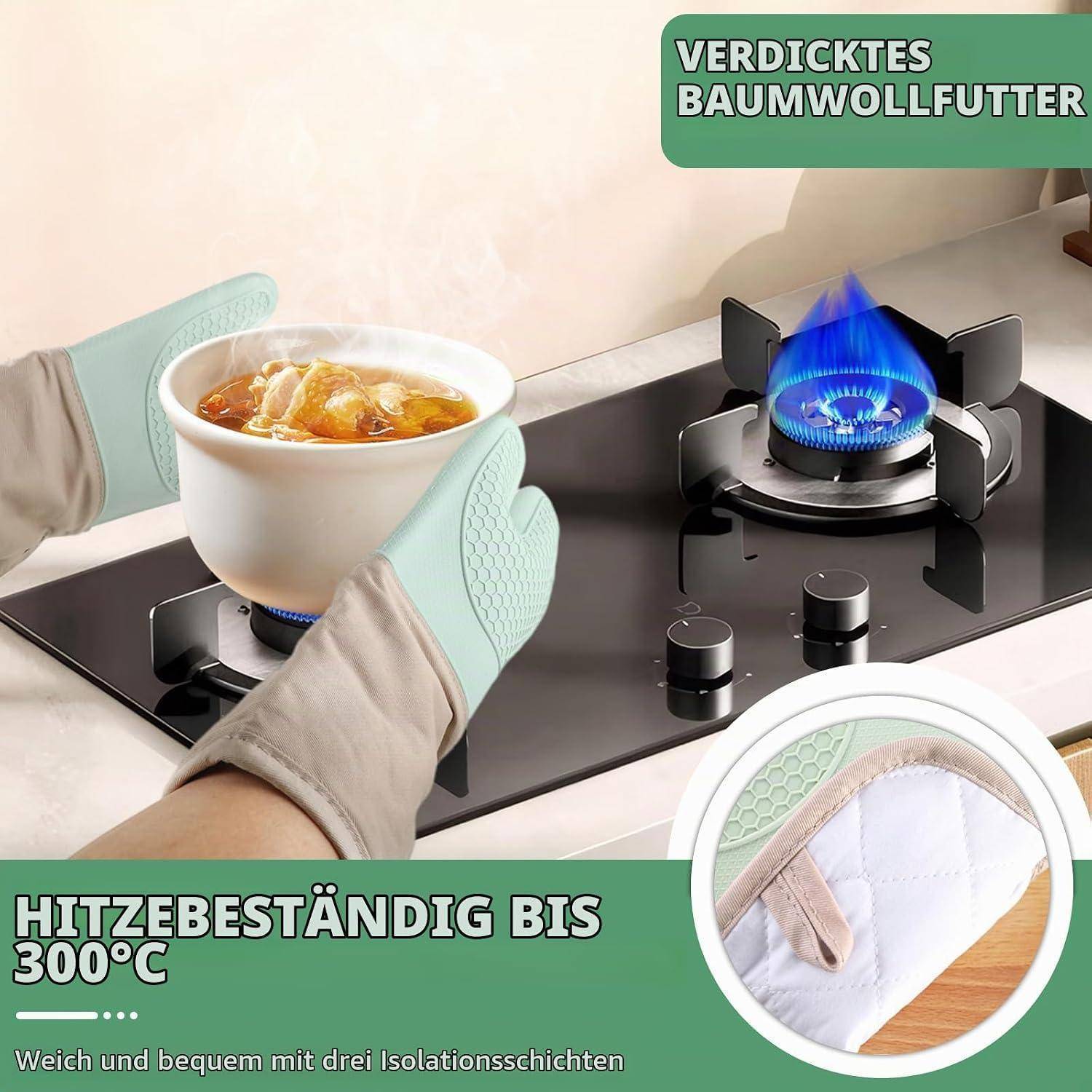 Hitzebeständige Baumwoll-Ofenhandschuhe halten eine heiße Schüssel über einem Gasherd; der Text besagt 