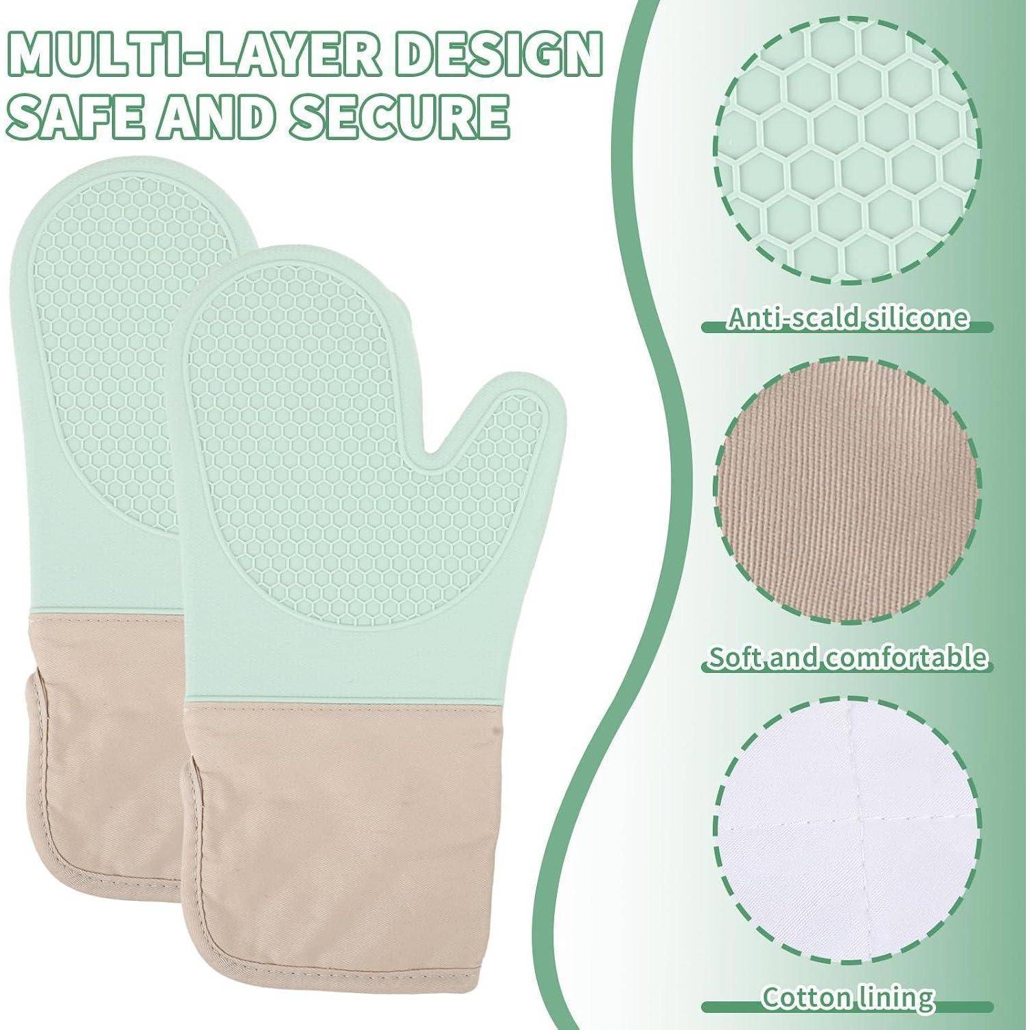 Produktanzeige für Minzgrüne Ofenhandschuhe mit beigefarbigen Manschetten, zeigt „MEHRSCHICHTIGES DESIGN SICHER UND ZUVERLÄSSIG