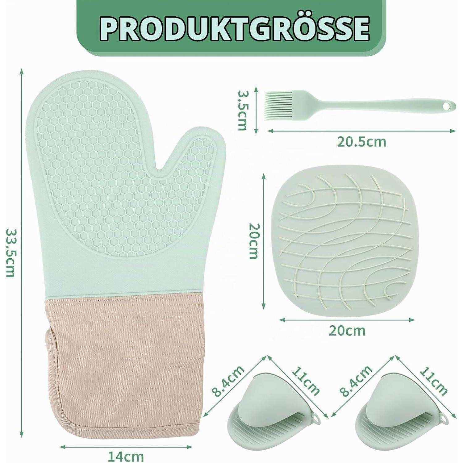 Produktgrößendiagramm mit einem mintgrünen Ofenhandschuh, passendem Pinsel und quadratischem Topflappen mit beschrifteten Abmessungen von 33,5 cm, 14 cm, 20,5 cm, 3,5 cm, 20 cm, 8,4 cm und 11 cm.