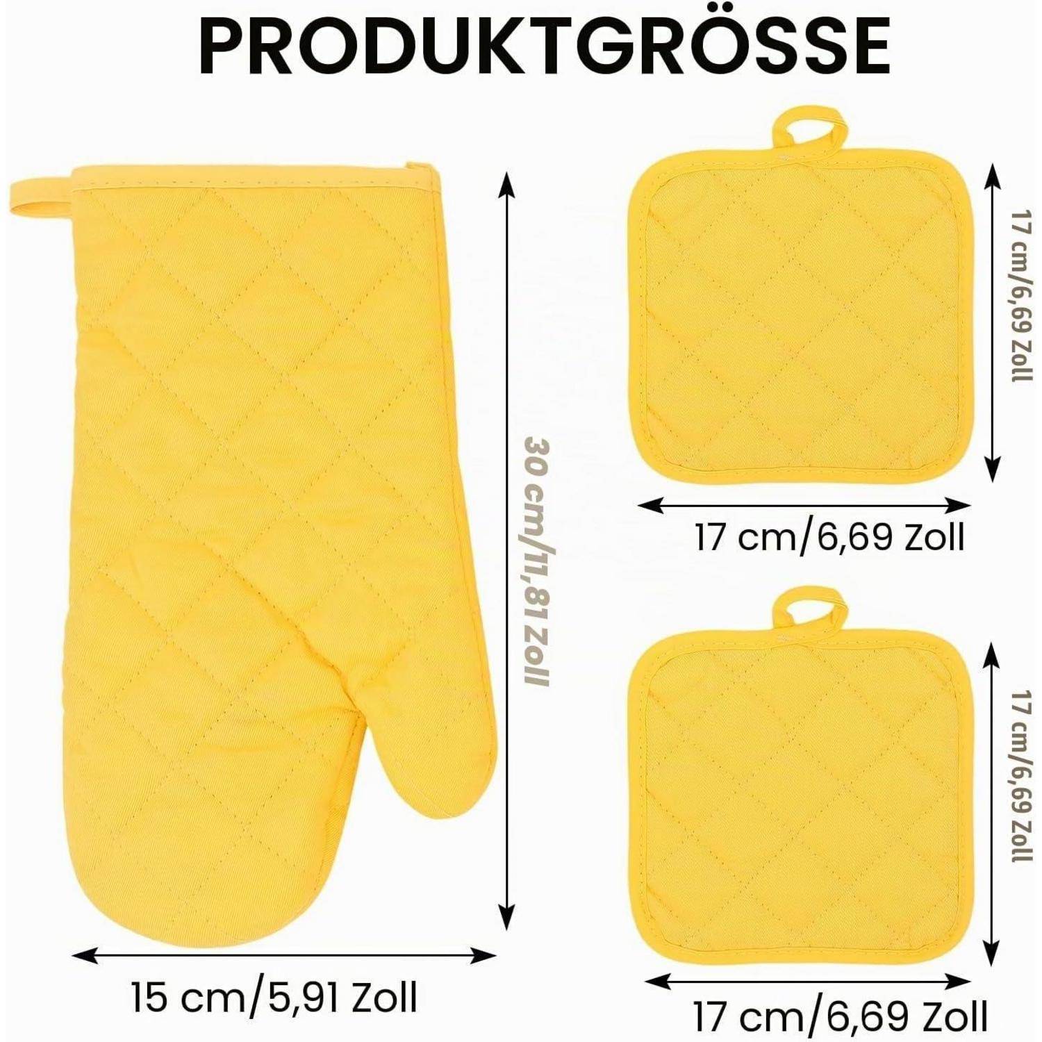 Größendiagramm für gelben gesteppten Ofenhandschuh mit Maßen von 30 cm x 15 cm für den Handschuh und 17 cm x 17 cm für das quadratische Pad, mit Angaben in cm und Zoll.