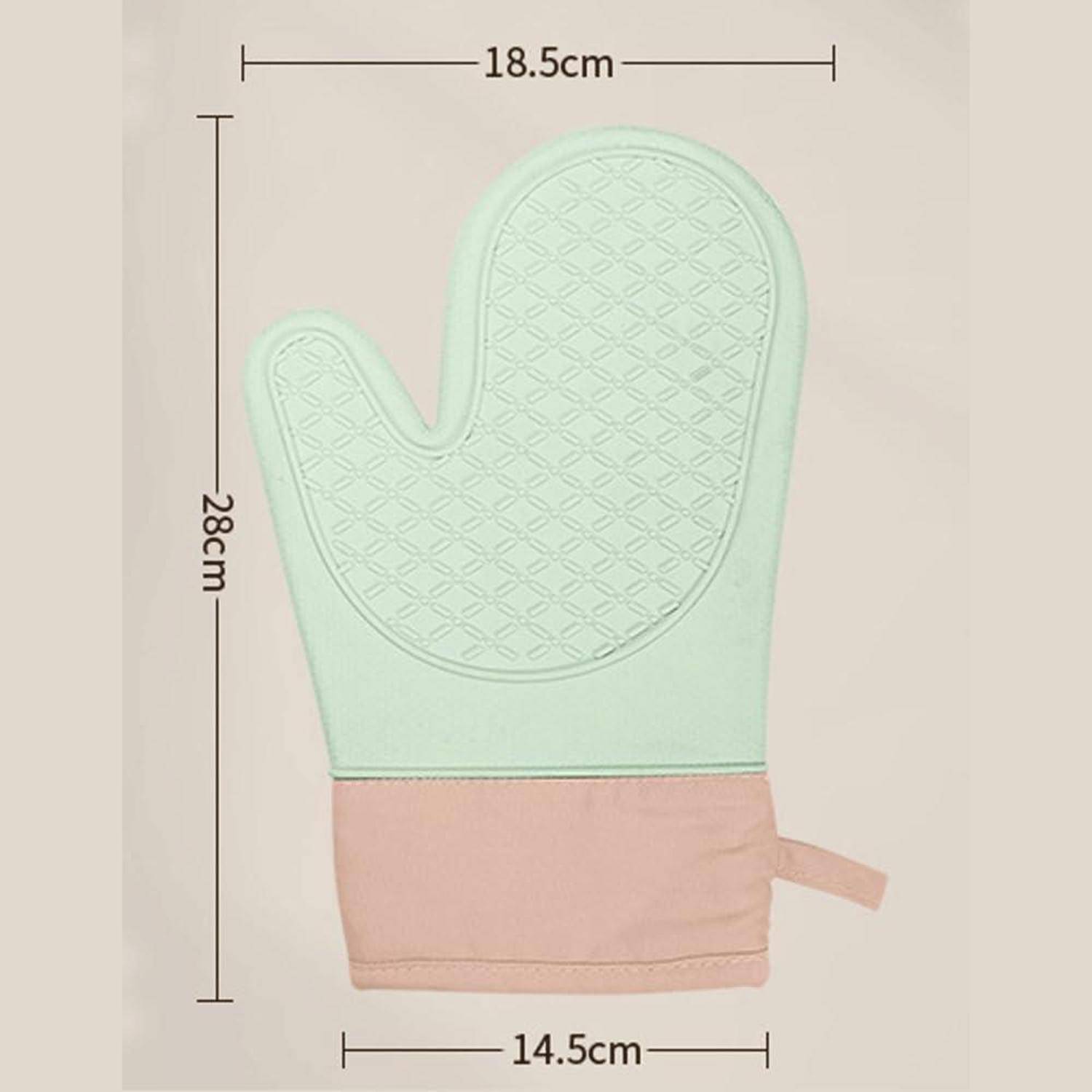 Mintgrüner Ofenhandschuh mit rosa Bündchen, gezeigt mit Abmessungen von 28 cm Höhe, 18,5 cm Breite und 14,5 cm Bündchenbreite.