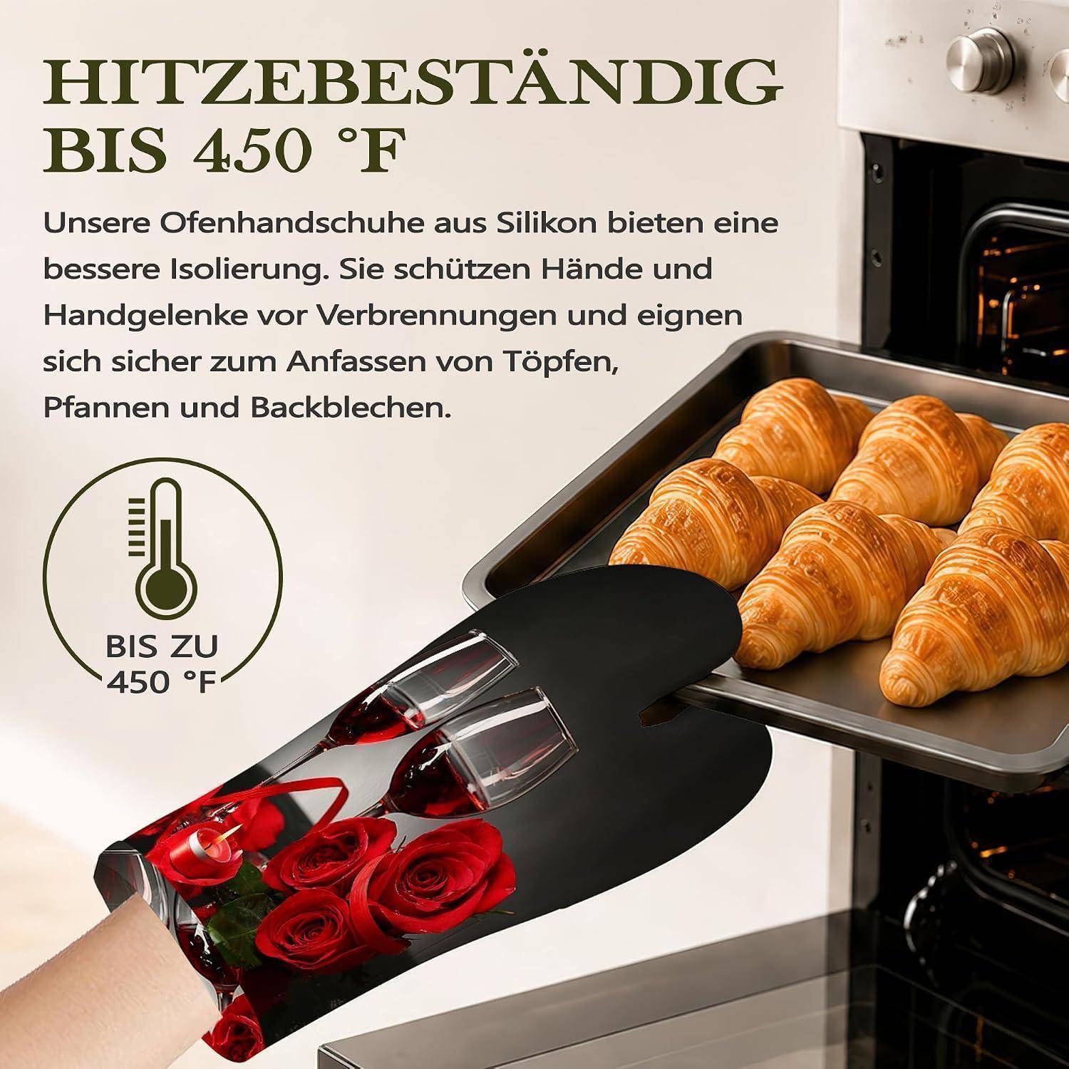Deutsche Anzeige zeigt eine Hand in einem Silikon-Ofenhandschuh, die in einen Ofen mit Croissants greift; der Text besagt hitzebeständig bis 450°F und für sicheren Umgang mit heißem Kochgeschirr.