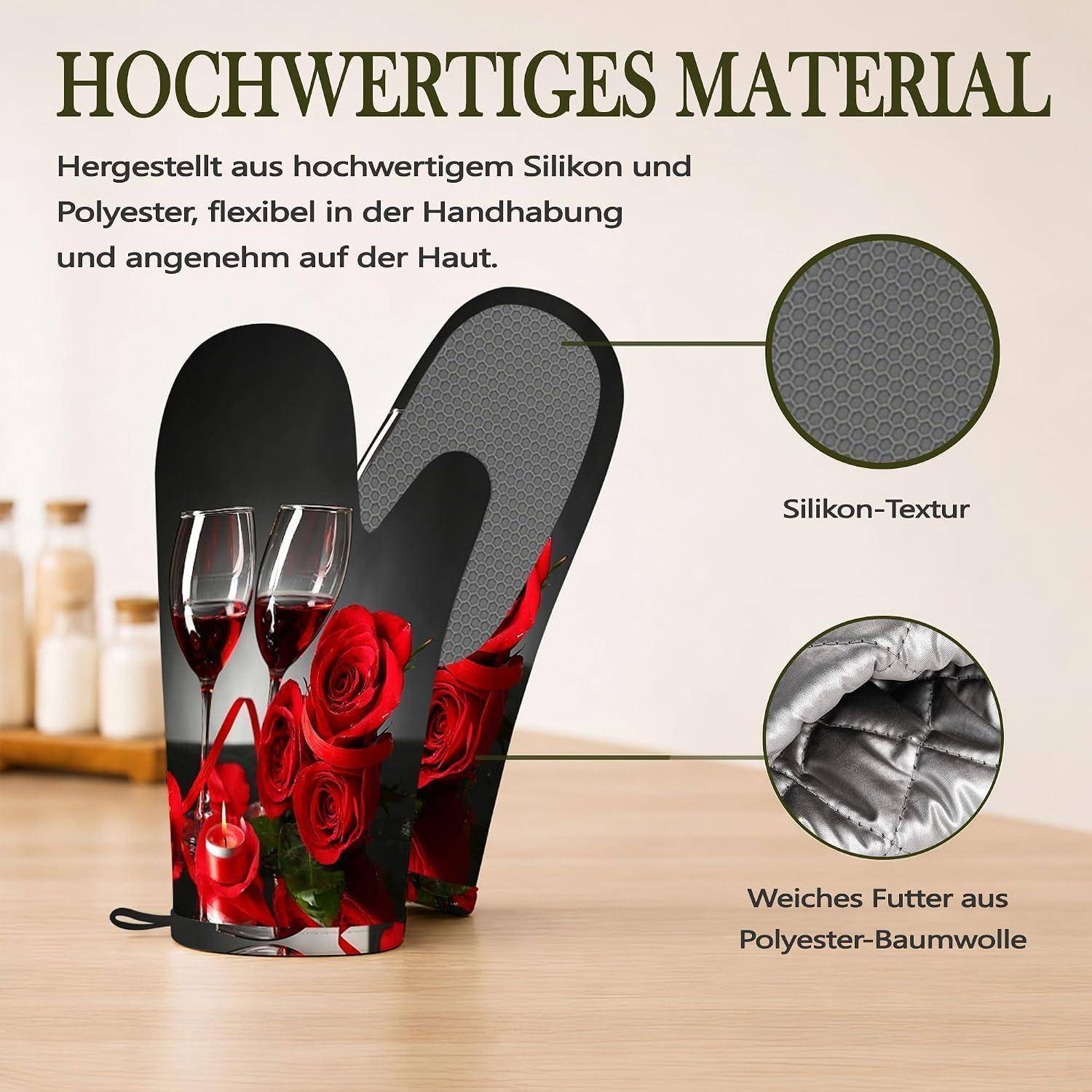 Deutsches Produktgrafik mit zwei floralen Ofenhandschuhen, beschriftet mit „Hochwertiges Material