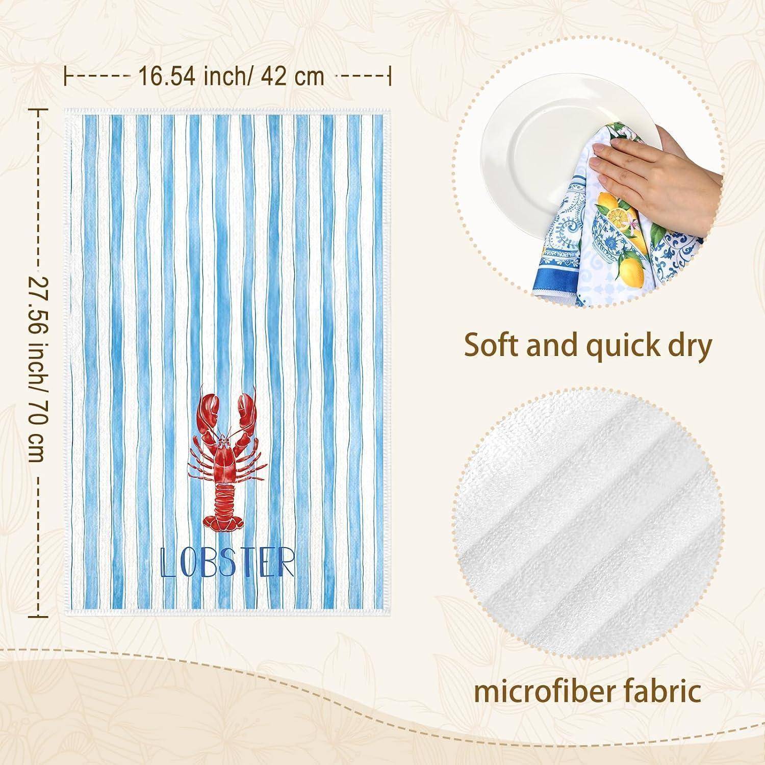 Mikrofaser-Handtuch mit blau-weißen Streifen und Hummer-Design; gekennzeichnet mit 16,54 x 27,56 Zoll (42 x 70 cm), weiches, schnelltrocknender Stoff.