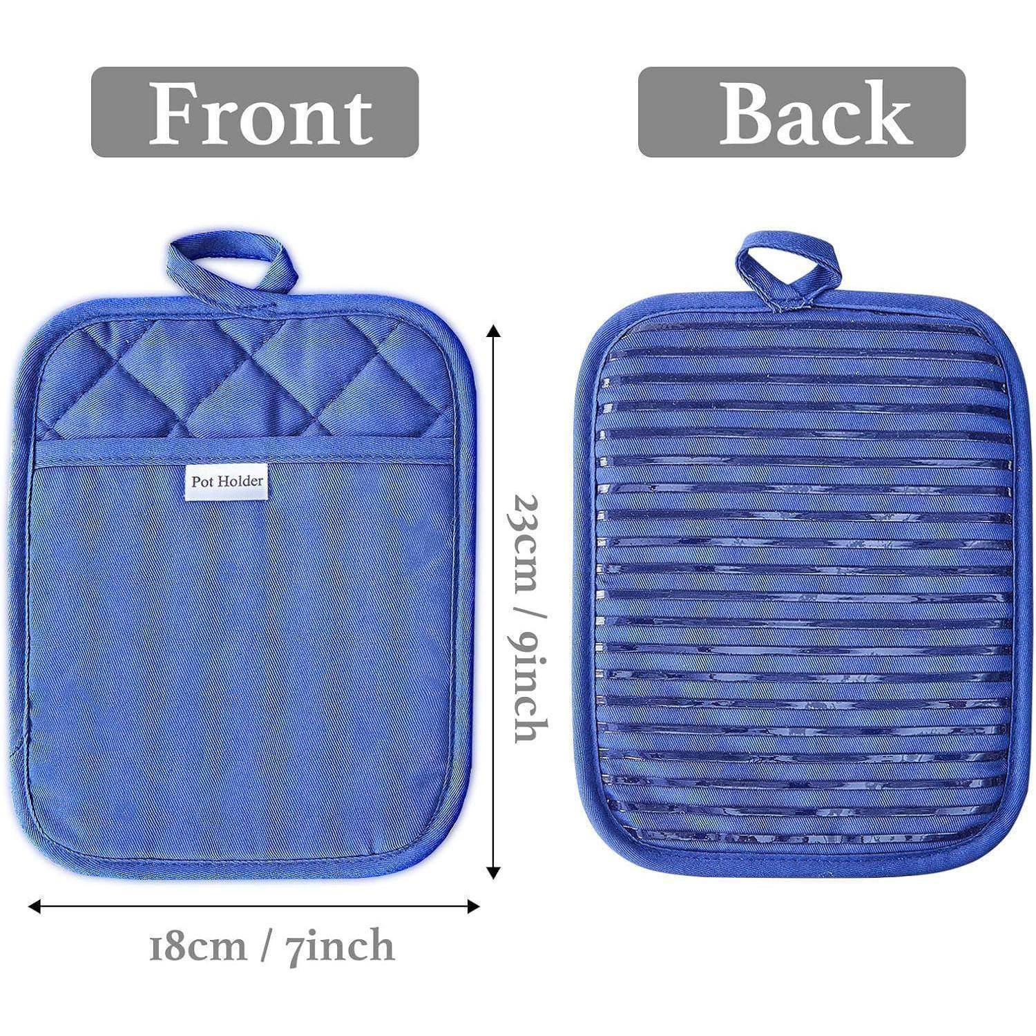 Blauer gesteppter Topfhandschuh, Vorder- und Rückseite gezeigt, mit den Maßen 23 cm x 18 cm und einer Aufhängeschlaufe.