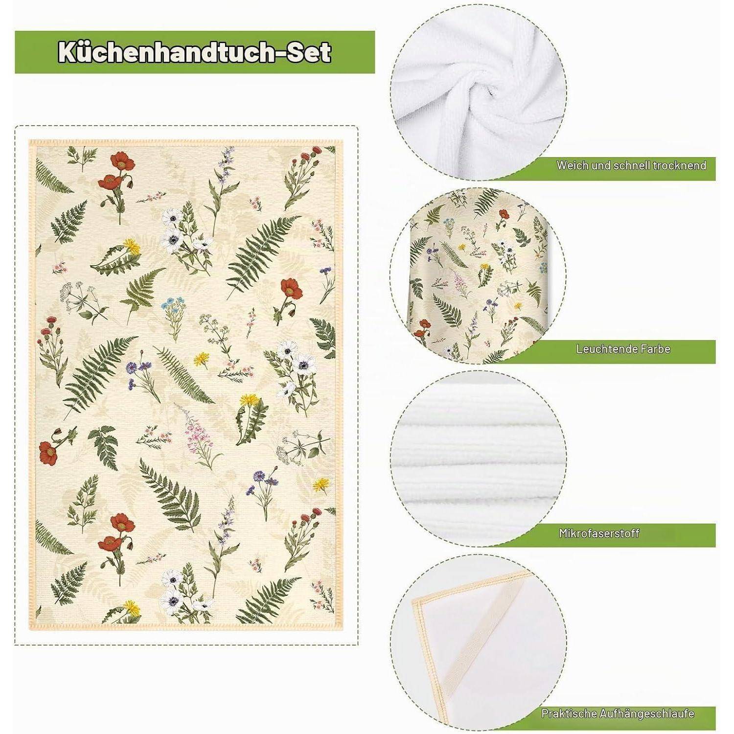 Produktbild eines Küchentuchsets mit Blumendruck; Beschriftungen zeigen schnelltrocknenden Stoff, leuchtende Farben, Mikrofasertuch und Aufhängeschlaufe.