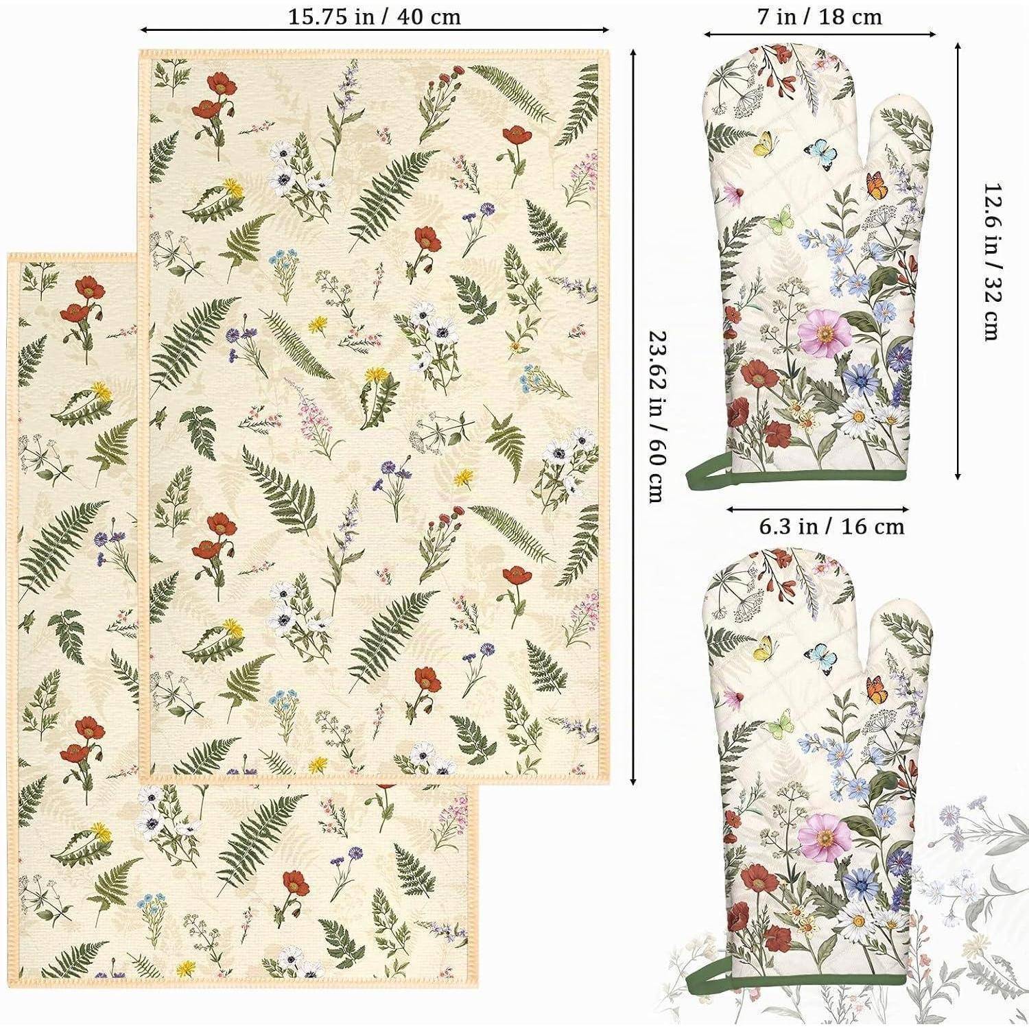 Florales Ofenhandschuh- und passendes Topflappen-Set mit Farn- und Wildblumenmuster; Handschuhgröße 12,6 x 7 Zoll, Topflappen 15,75 x 23,62 Zoll.