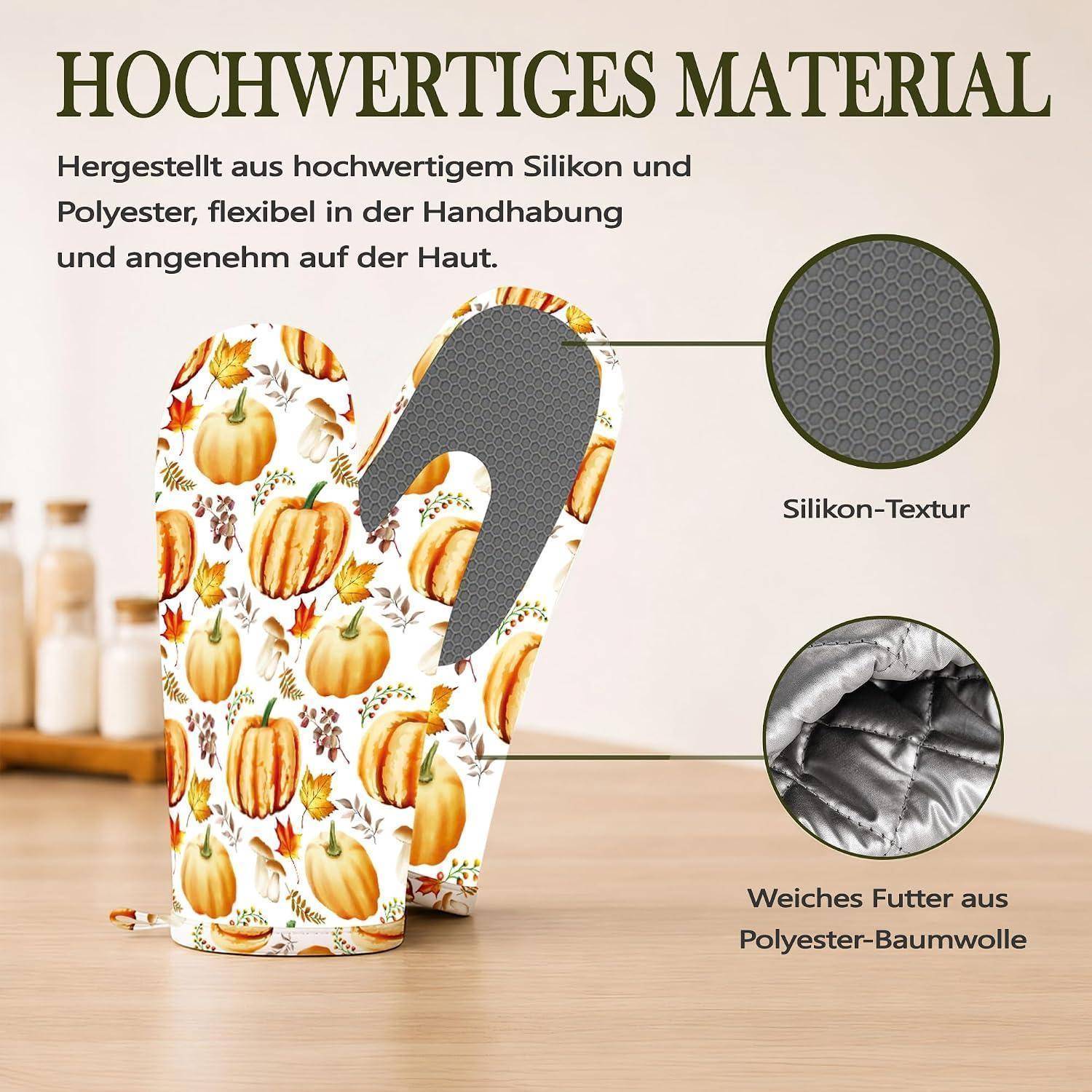 Produkt-Infografik, die einen Ofen-Handschuh mit Kürbismuster aus Silikon und Polyester zeigt; Beschriftungen heben die 