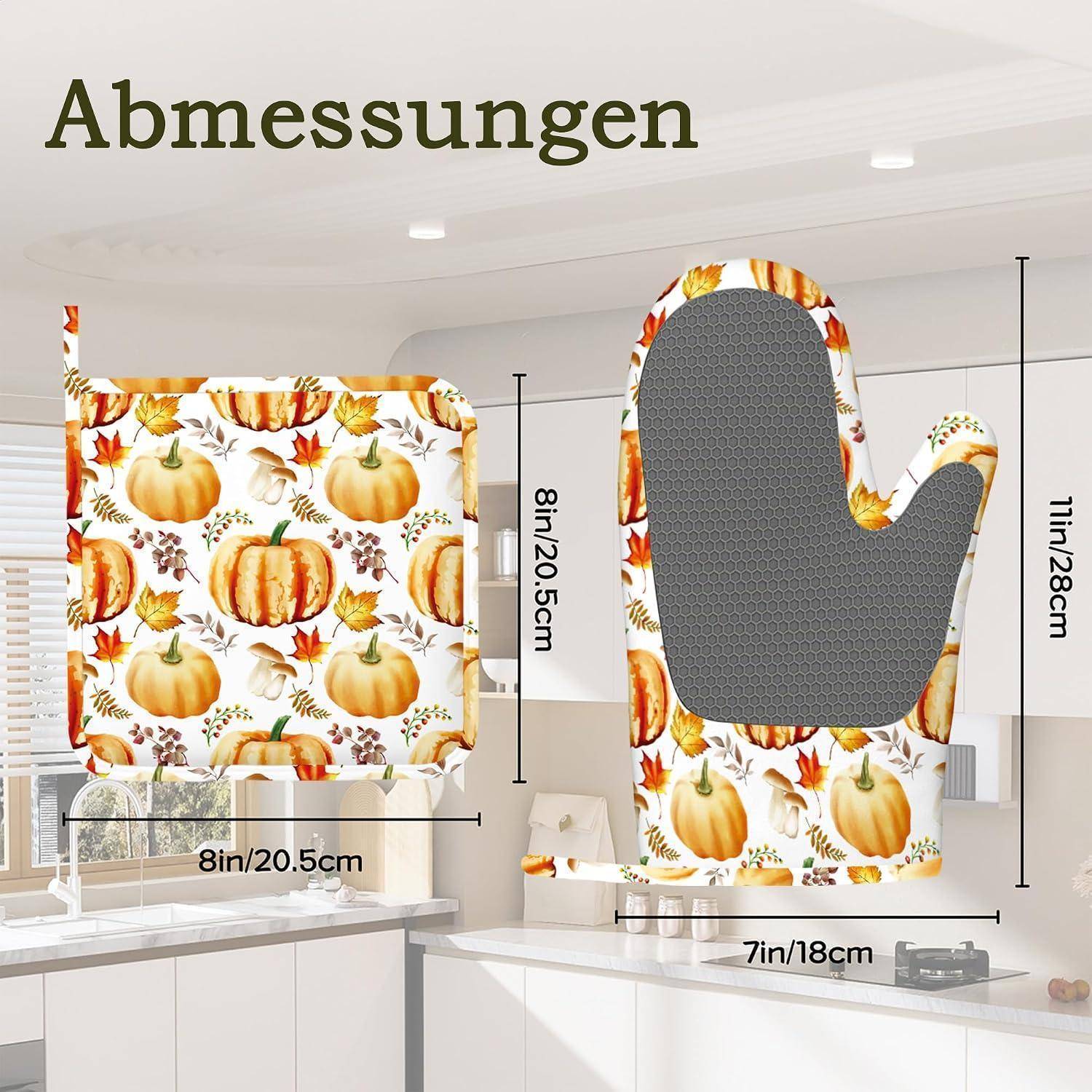 Messzahlen-Diagramm für einen Ofenhandschuh mit Kürbis-Muster: 11 Zoll/28 cm hoch, 7 Zoll/18 cm breit, mit einer Körpergröße von 8 Zoll/20,5 cm dargestellt.
