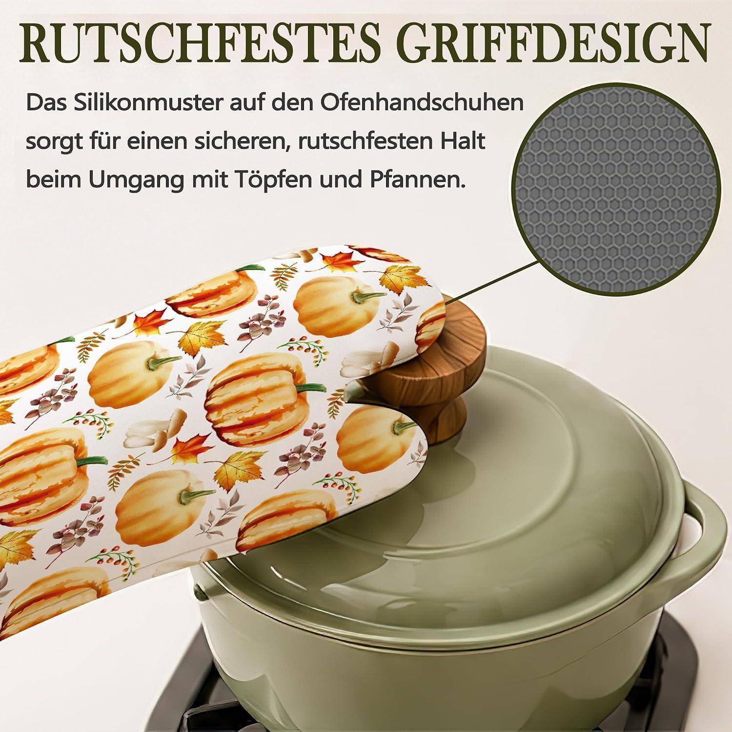 Illustration von Ofenhandschuhen mit Silikongriffmuster, das einen heißen Topf hält; deutscher Text besagt „Rutschfestes Griffdesign
