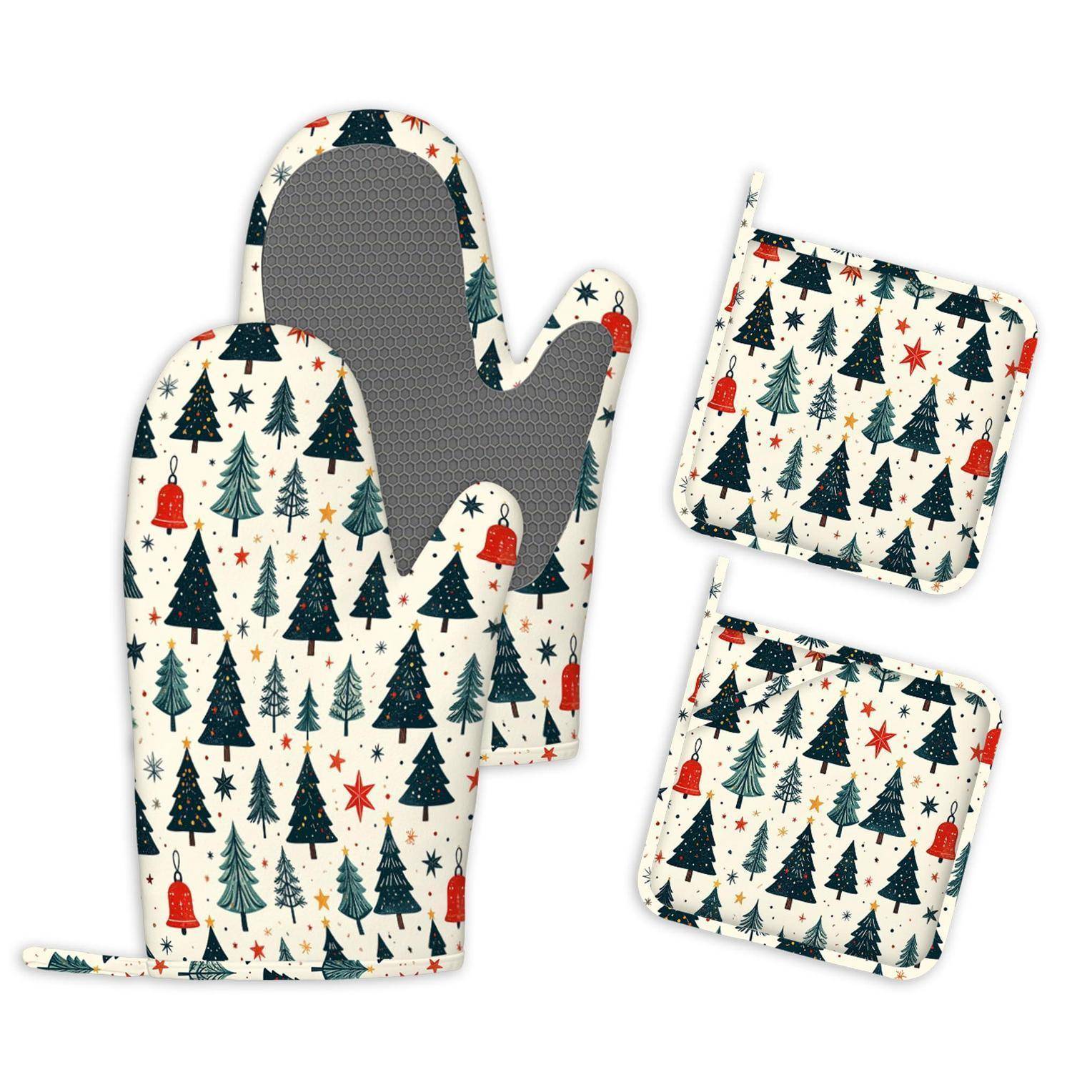 Backofenhandschuh mit Weihnachtsbaummusters und zwei passende quadratische Topflappen auf weißem Hintergrund