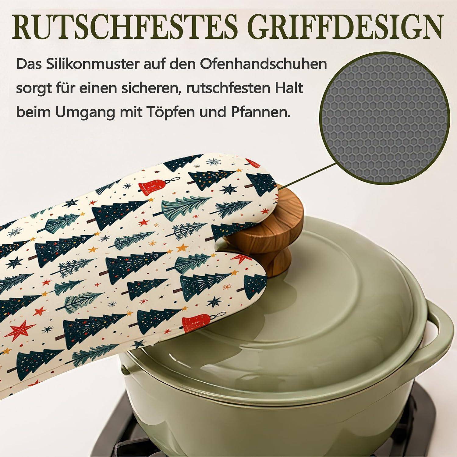 Ofenhandschuhe mit Silikongriffmuster für sicheres Handling heißer Töpfe und Pfannen; Ausschnitt zeigt Nahaufnahme der Griffstruktur.