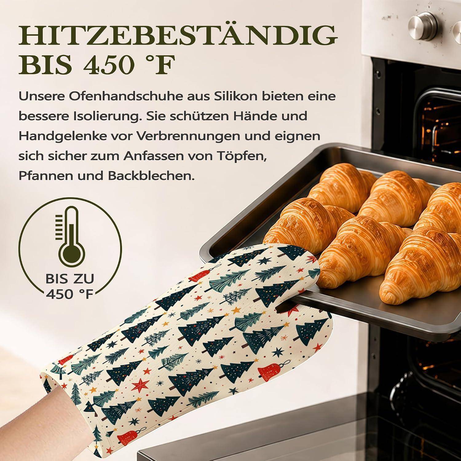 Anzeige mit einer Silikonofenhandschuh, der ein Tablett mit Croissants aus einem Ofen entnimmt, mit deutschem Text, der besagt, dass er bis 450°F hitzebeständig ist und die Hände schützt.