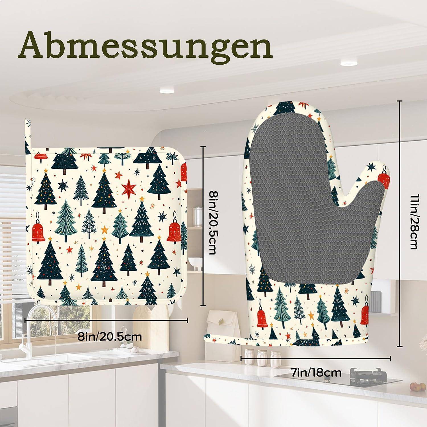 Größentabelle für einen Ofenhandschuh: Quadratische Seite 8 Zoll/20,5 cm, Handschuhbreite 7 Zoll/18 cm, Länge 11 Zoll/28 cm; festliches Baum- und Sternmuster.