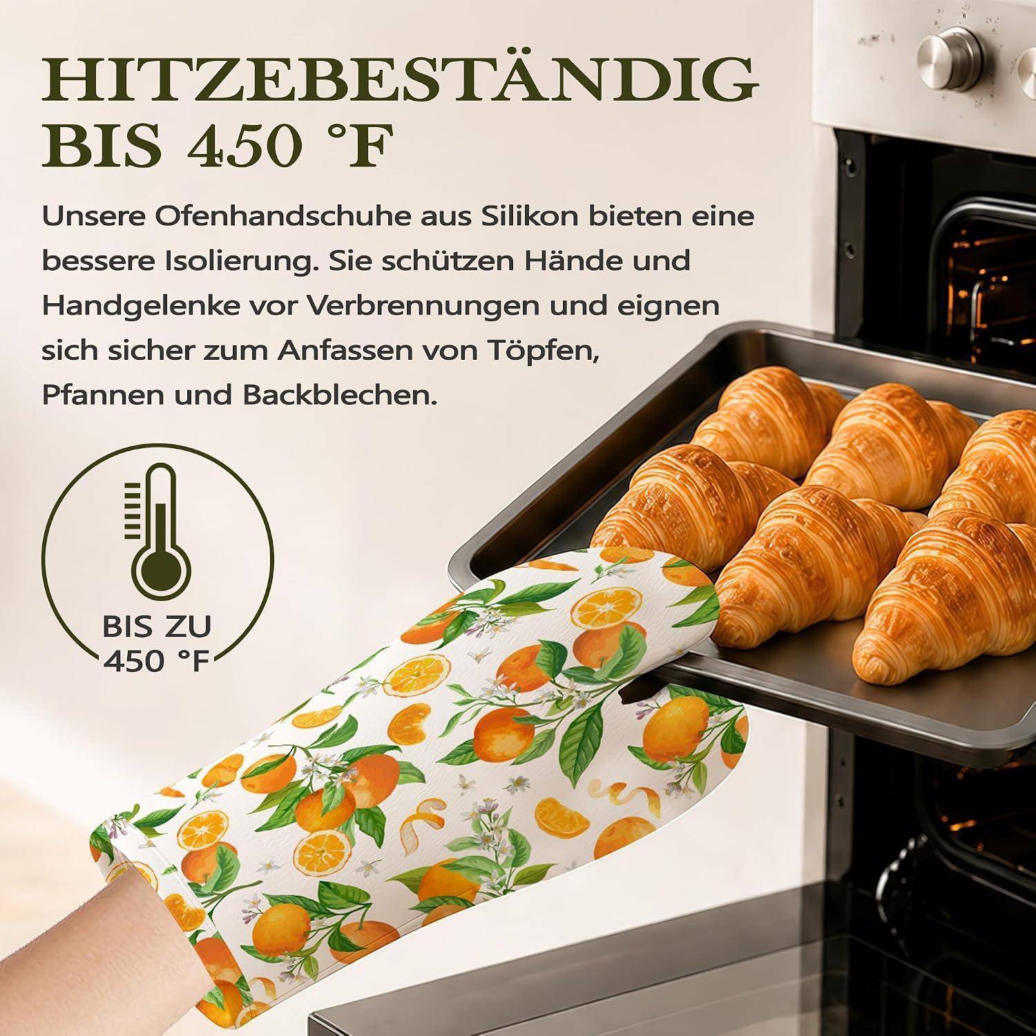 Anzeige mit einem floralen Silikon-Ofenhandschuh, der ein heißes Backblech mit Croissants hält, mit deutschem Text, der besagt, dass er hitzebeständig bis 450°F ist und eine Schutzwärmeisolierung bietet.