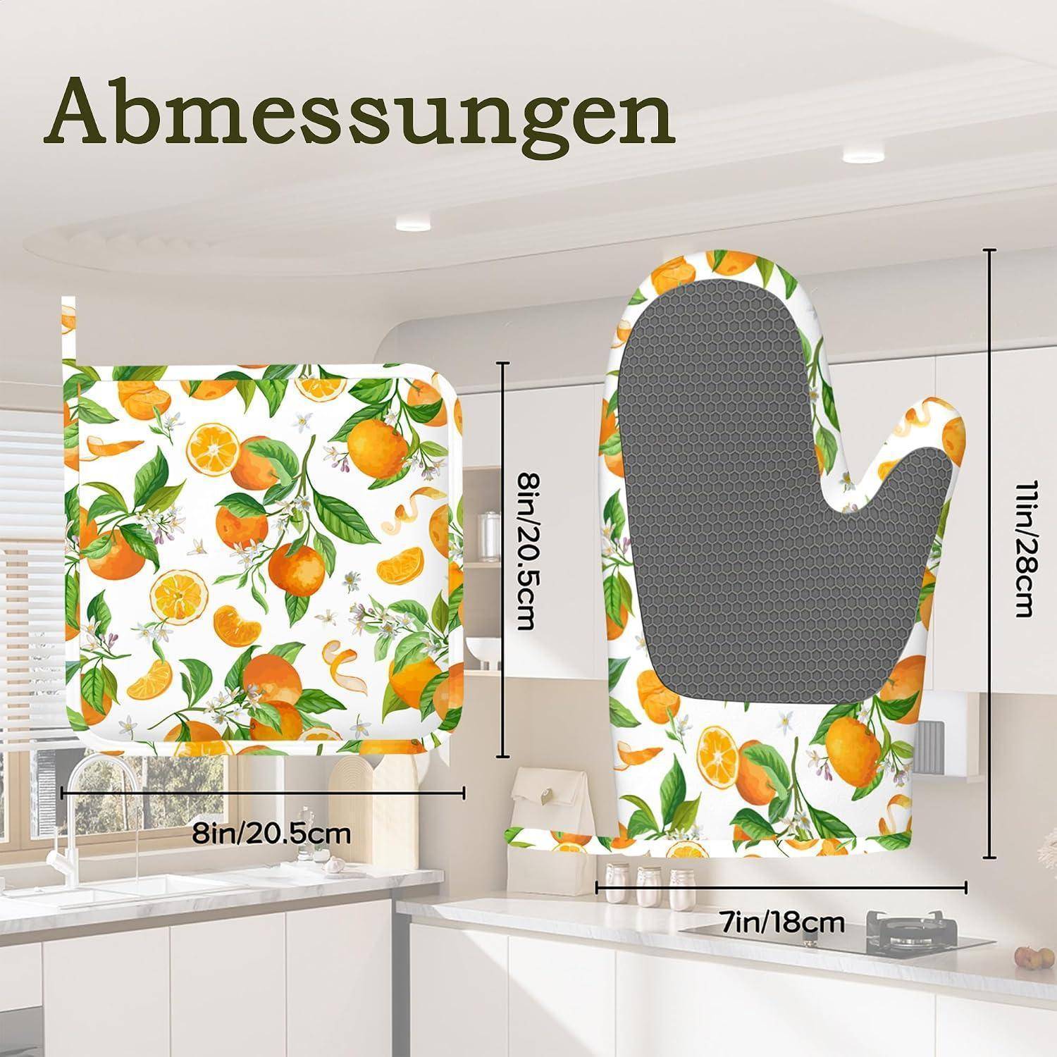Topflappen und Ofenhandschuh mit Orange-und-Blatt-Muster, gezeigt mit Abmessungen: Handschuh 11 Zoll/28 cm, Topflappen 8 Zoll/20,5 cm Quadrat, Basis 7 Zoll/18 cm breit.