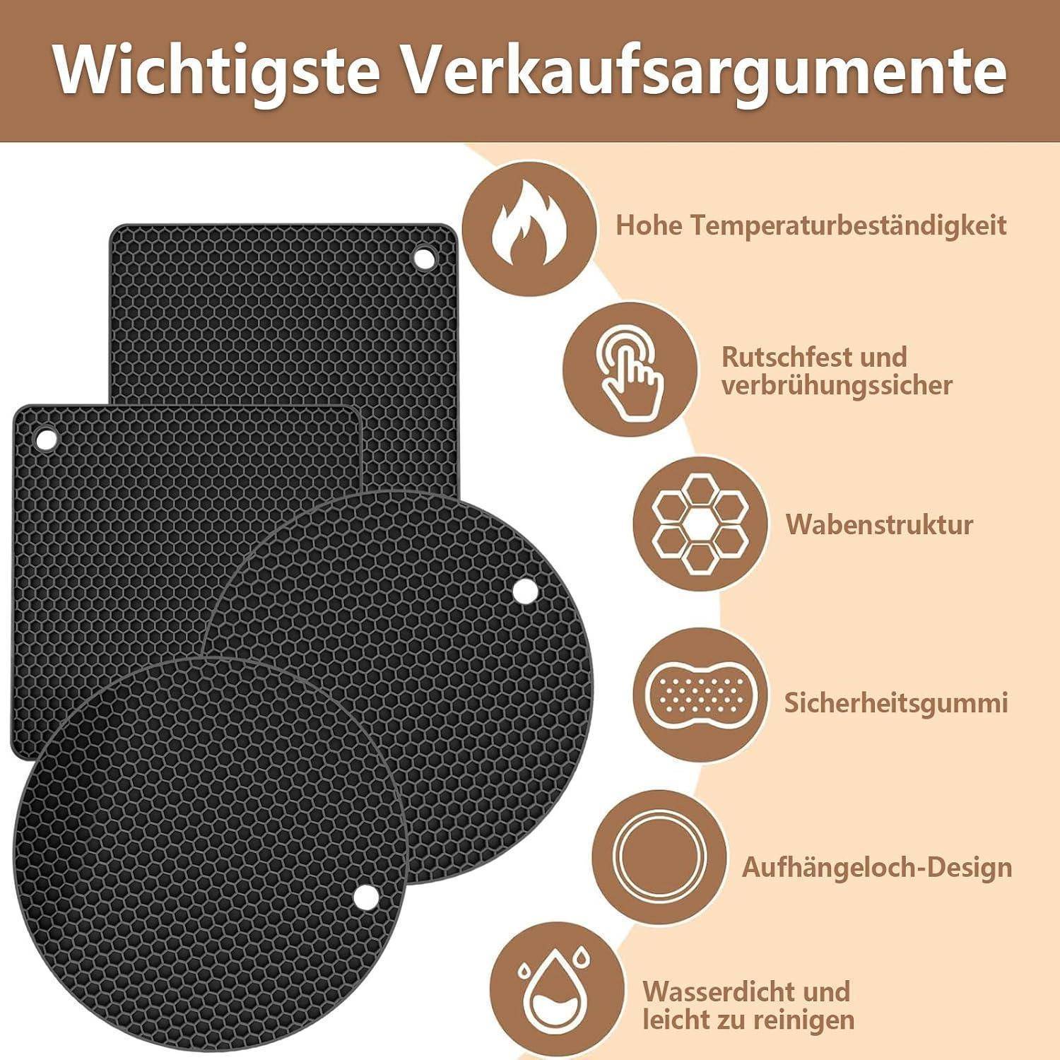 Infografik mit schwarzen Wabenschutzmitteln und deutschem Titel „Wichtigste Verkaufsargumente