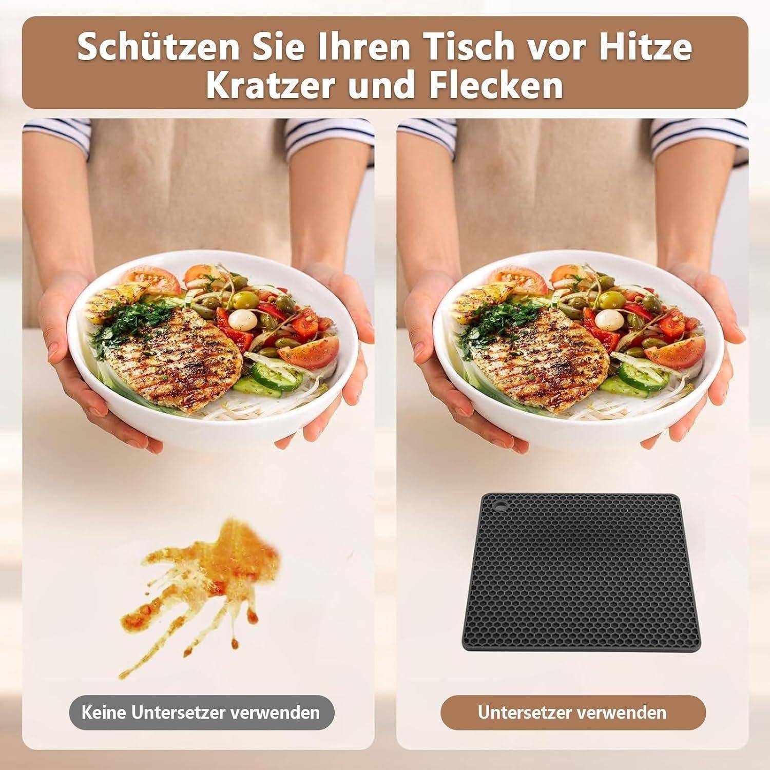 Werbegrafik, die eine warme Mahlzeit auf einem Tisch zeigt und den Unterschied zwischen keinem Untersetzer und der Verwendung eines schwarzen hitzebeständigen Untersetzers zum Schutz vor Hitze, Kratzern und Flecken vergleicht.