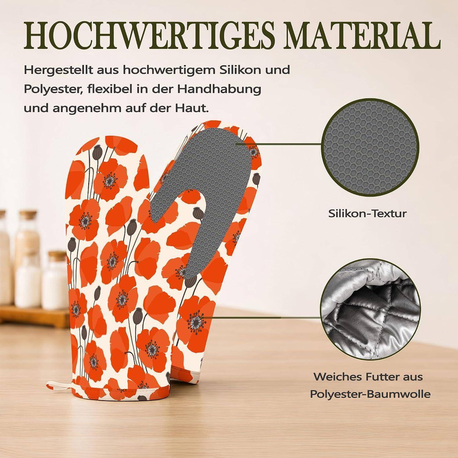 Infografik eines blumigen Ofenhandschuhs mit der Aufschrift „Hochwertiges Material