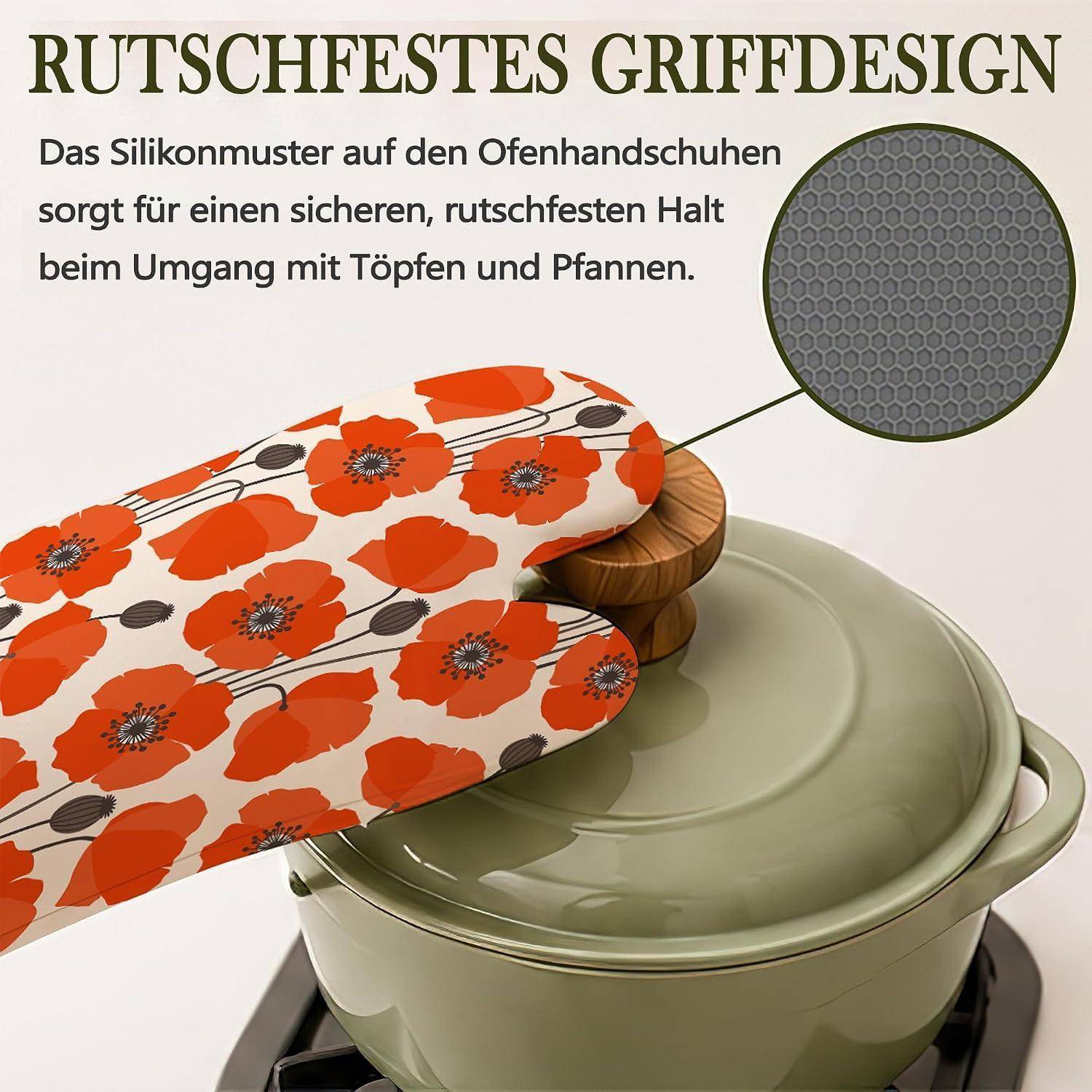 Ofenhandschuhe mit Mohnmuster, die einen Topf greifen; der Text besagt, dass die Silikonstruktur einen sichereren, rutschfesten Griff beim Umgang mit Töpfen und Pfannen bietet.