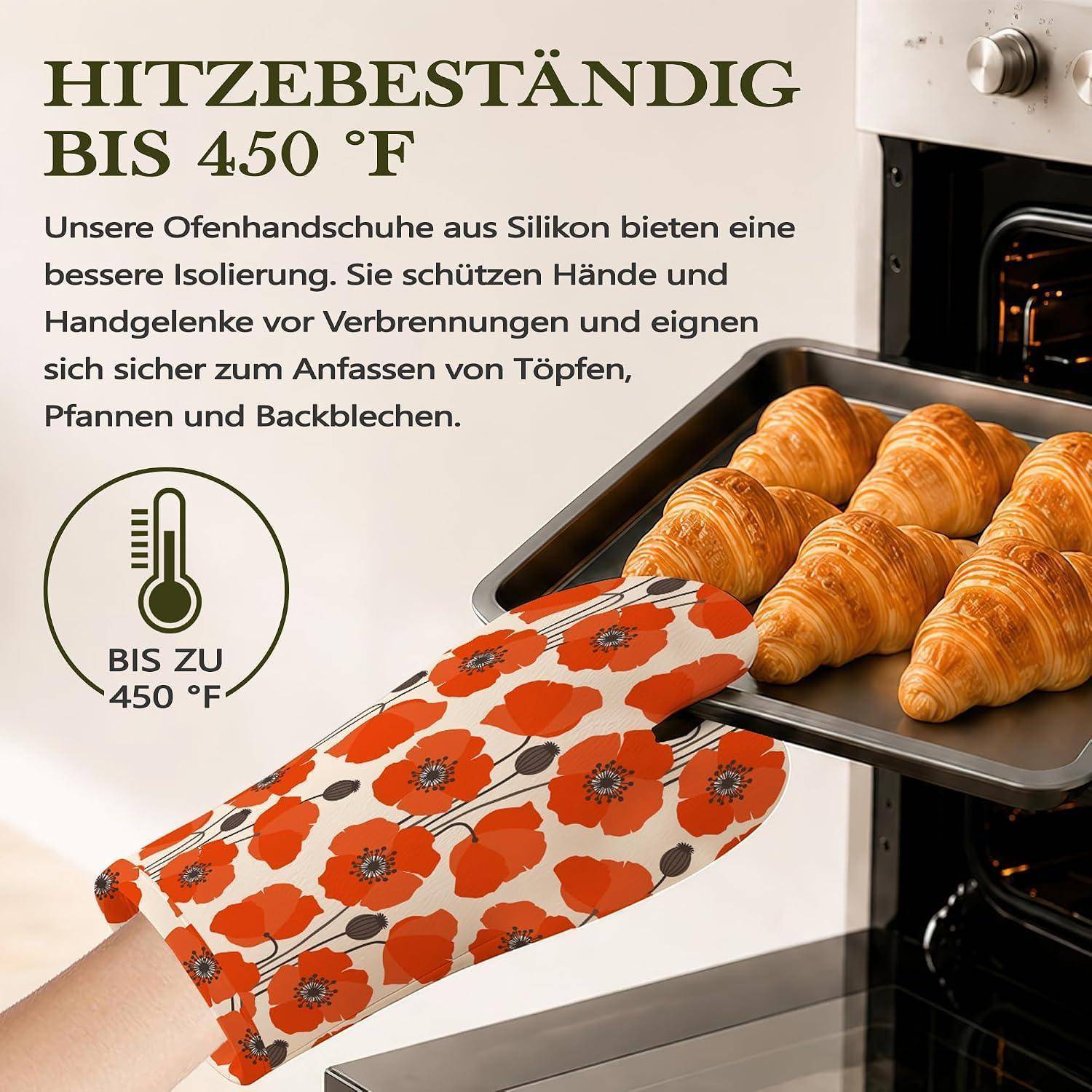 Deutsches Anzeigenplakat zeigt einen Silikon-Ofenhandschuh, der ein heißes Backblech mit Croissants hält; der Text besagt, dass er hitzebeständig bis 450°F ist und die Hände schützt.