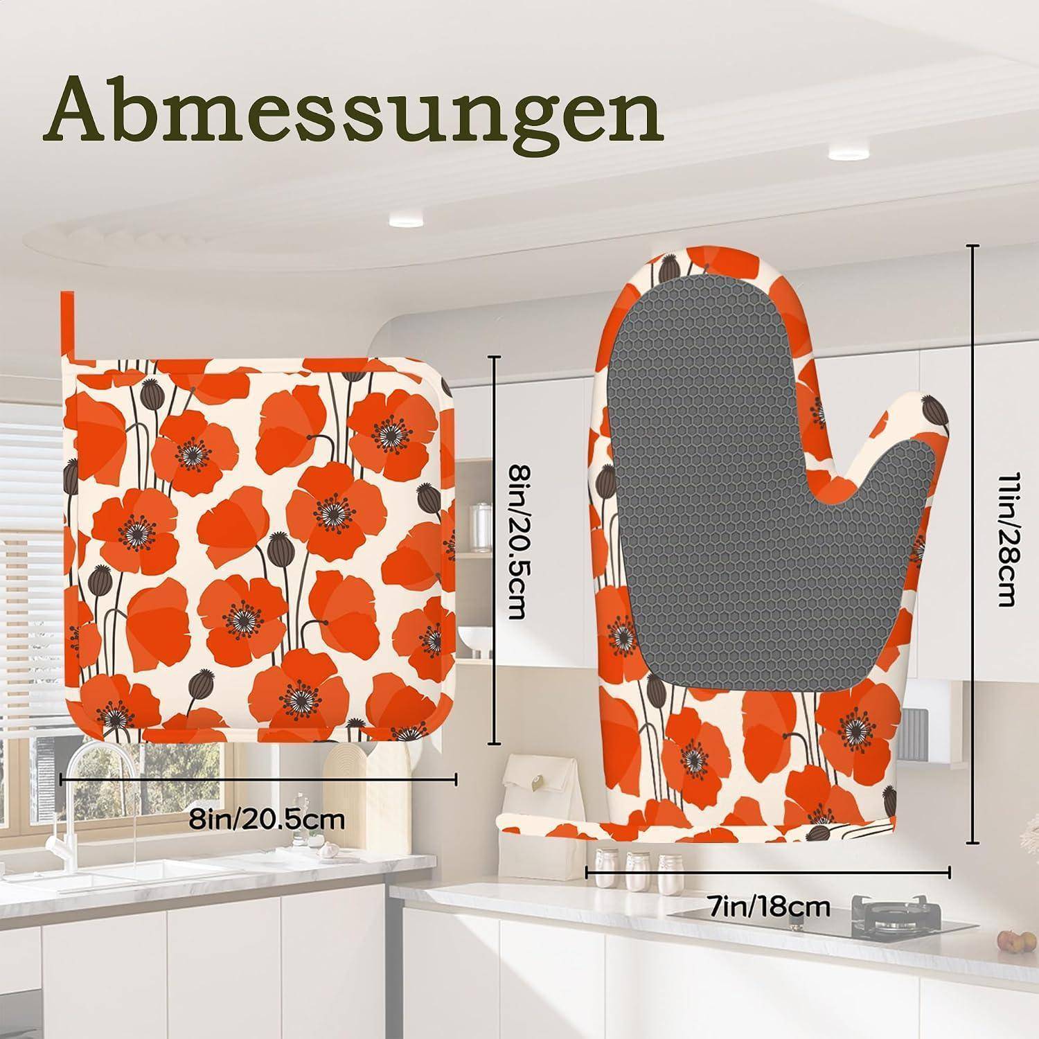 Ofenhandschuh-Set 4-teilig rot Mohnblumen hitzebeständig rutschfest