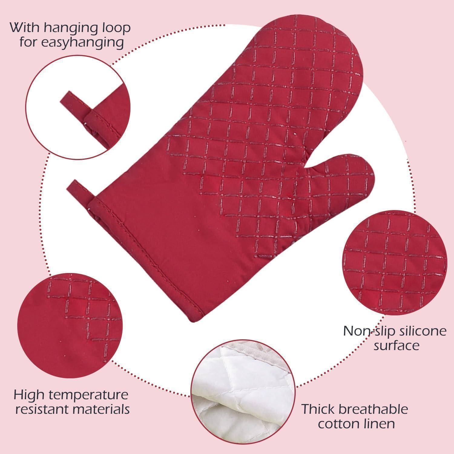 Rotes gestepptes Ofenhandschuh mit Schlaufe zum Aufhängen, rutschfeste Silikonoberfläche, hitzebeständiges Material und dicke atmungsaktive Baumwollauskleidung.