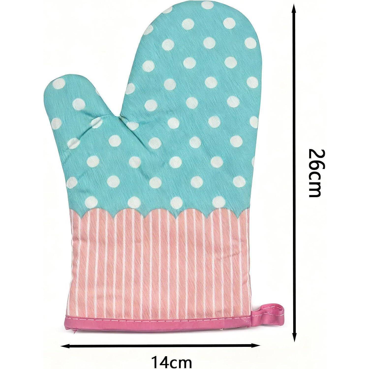 Ofenhandschuh mit Punktmuster und rosa gestreiftem Bündchen, gezeigt mit Abmessungen von 26 cm Höhe und 14 cm Breite.
