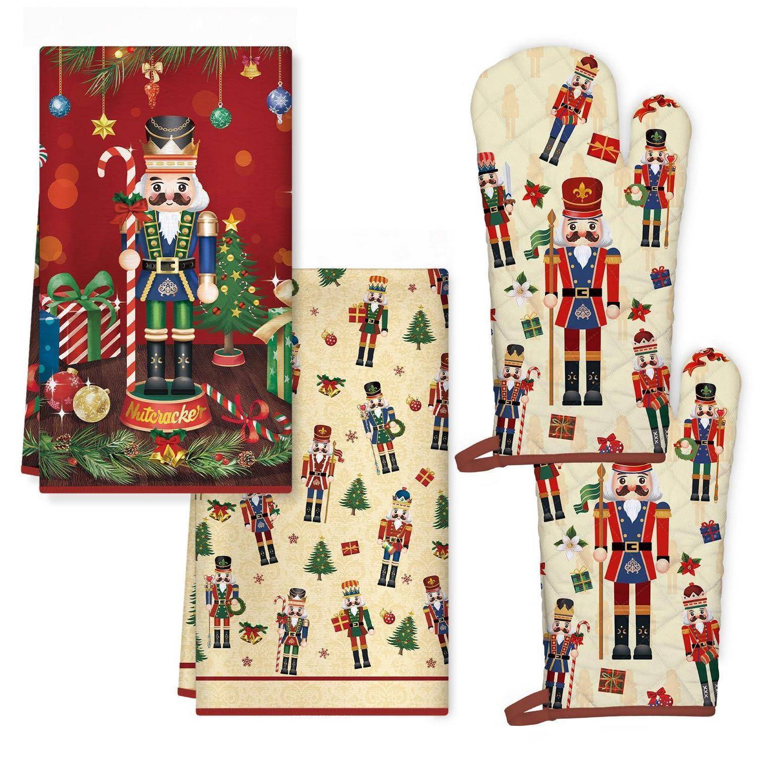 Weihnachtsthematische Küchentextilien mit Nussknackersoldaten, einschließlich Handtücher, eine Topflappen und ein Ofenhandschuh in roten und cremefarbenen Weihnachtsmustern.