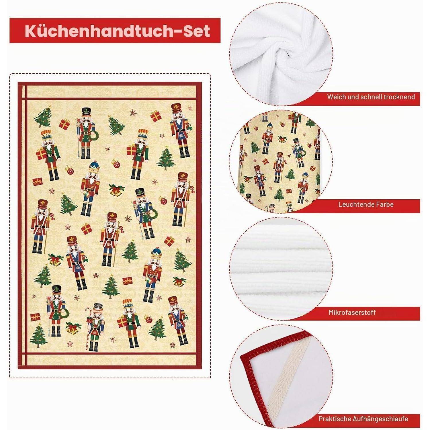 Adventskalender-Set mit Küchenhandtüchern, Nussknacker- und Baummuster; zeigt weiches Mikrofaserstoff, leuchtende Farben, schnelltrocknende Eigenschaft und Aufhängerschleife.