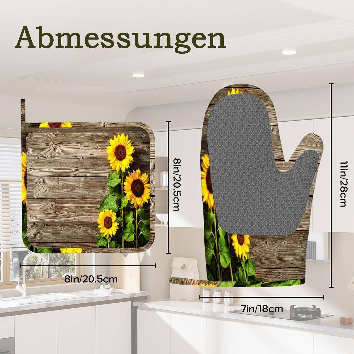 Produktgrößen-Diagramm eines Ofenhandschuh-Sets mit Sonnenblumenmuster, das Vorder- und Rückansichten mit Abmessungen zeigt: 8 x 8 Zoll, 11 x 7 Zoll und 7 x 18 cm Beschriftungen.