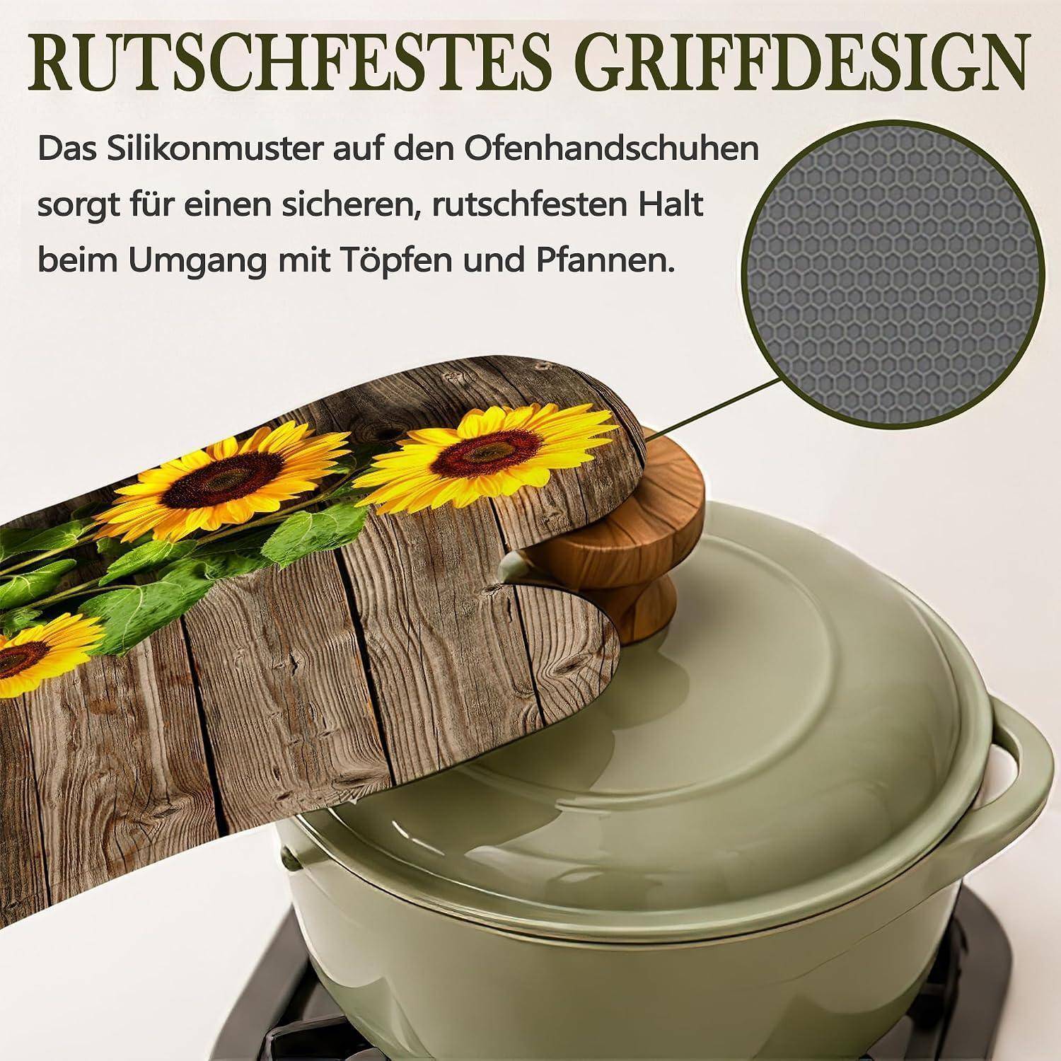 Werbung für Ofenhandschuhe mit Silikongriffmuster für sicheren Umgang mit Töpfen und Pfannen; Nahaufnahme zeigt hexagonale Textur und eine Auflaufform.