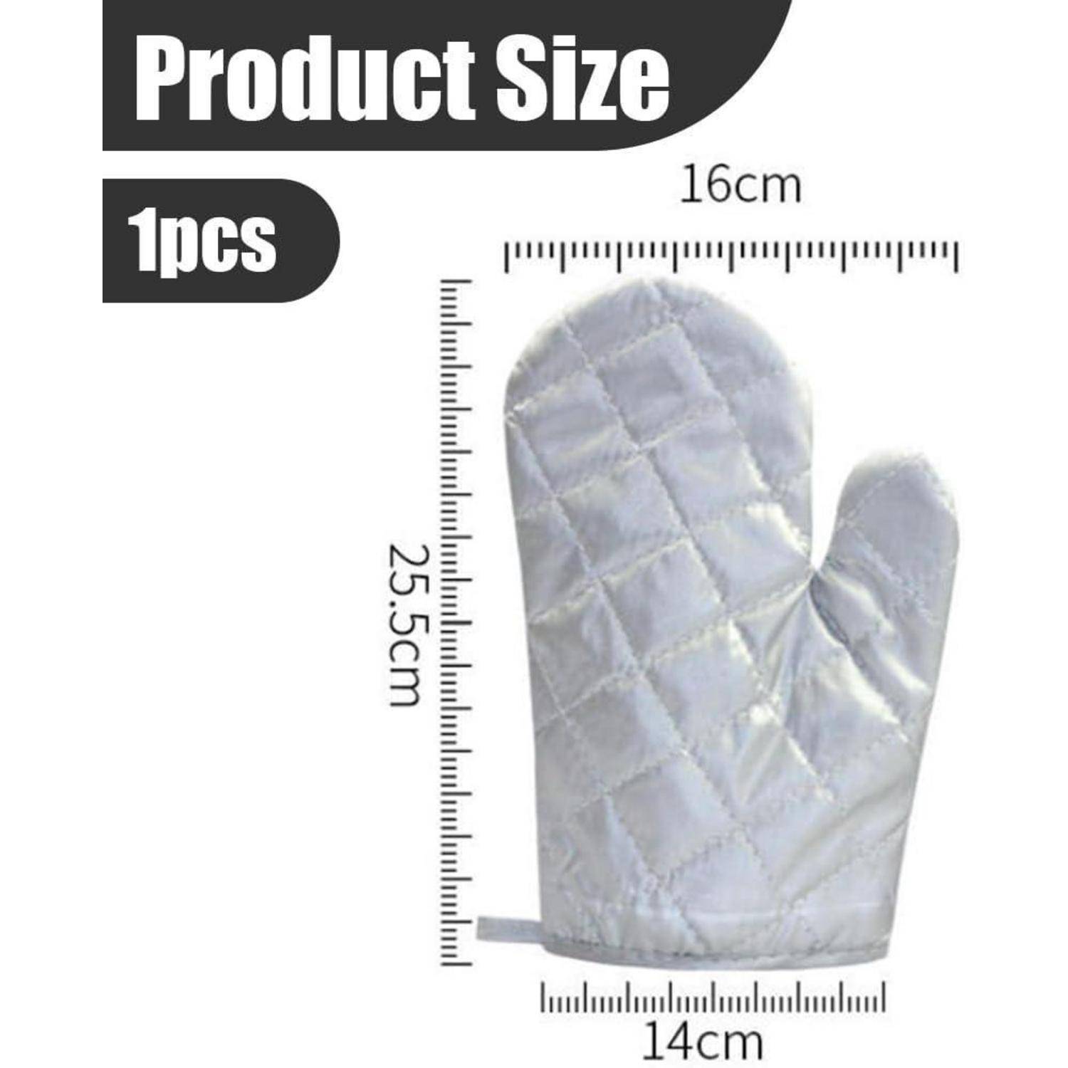 Produktgrößendiagramm mit einem silbernen Ofenhandschuh, ungefähr 25,5 cm hoch, 16 cm breit oben und 14 cm breit unten.