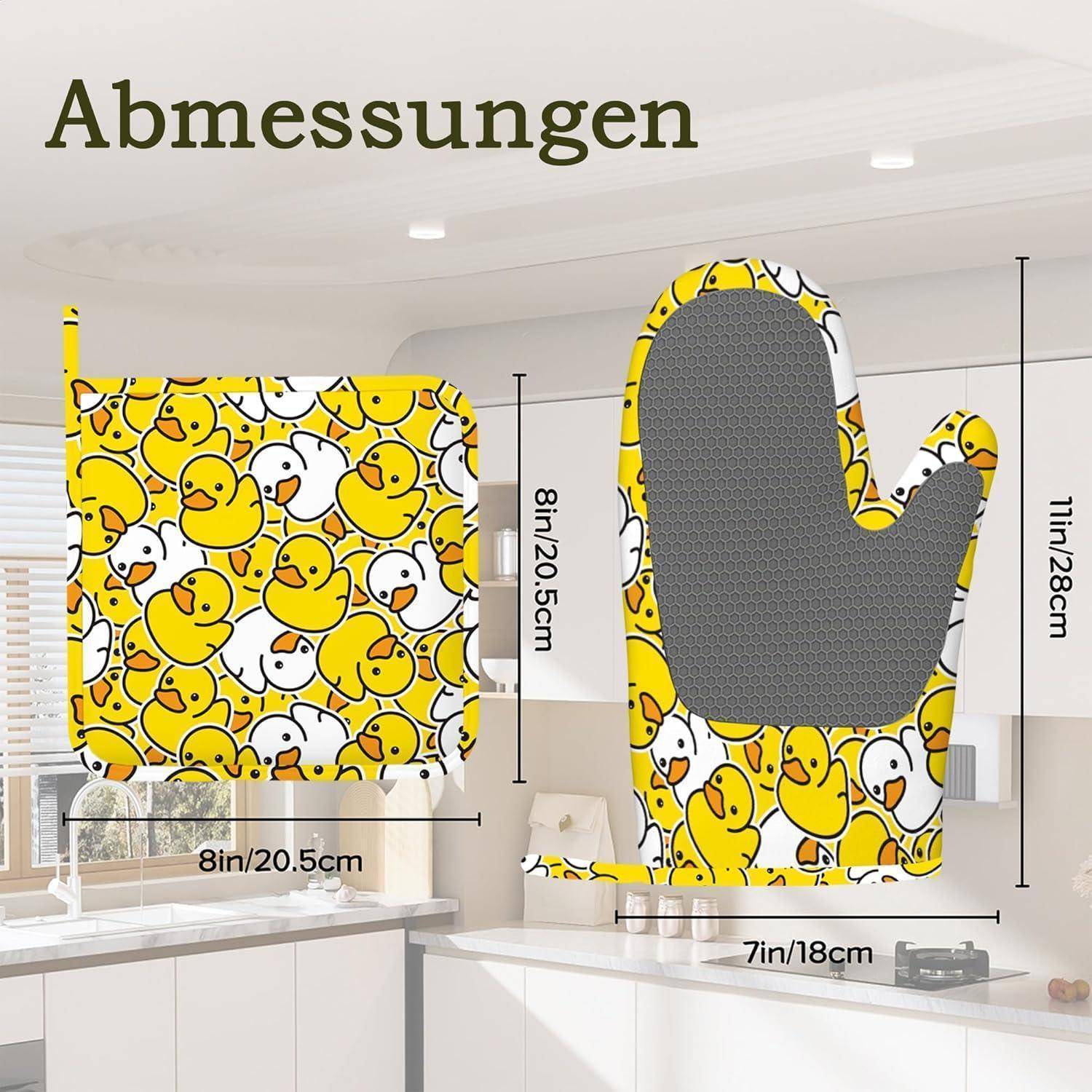 Größentabelle für ein Ofenhandschuh-Set mit Entenmuster: quadratischer Handschuh 8 Zoll/20,5 cm und Handschuh-Fusteling 11 Zoll/28 cm, mit Abmessungen in Zoll und Zentimetern gekennzeichnet.
