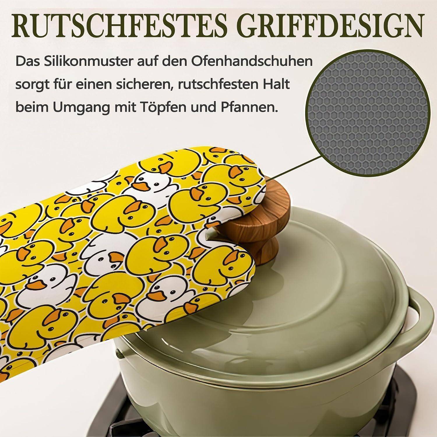 Grafik von Ofenhandschuhen, die einen Topfdeckel greifen, gekennzeichnet mit dem deutschen Etikett „Rutschfestes Griffdesign