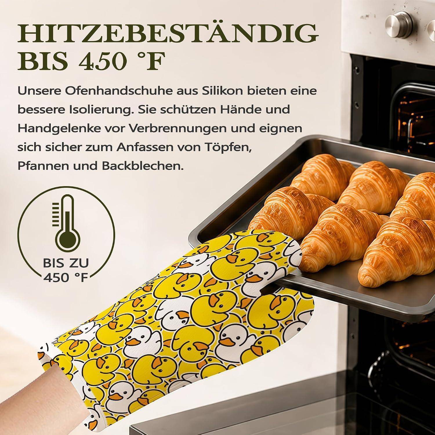 Anzeige für Silikon-Ofenhandschuhe, zeigt eine Hand, die ein heißes Backblech mit Croissants hält; Text besagt wärmefest bis 450°F und schützt Hände und Handgelenke.