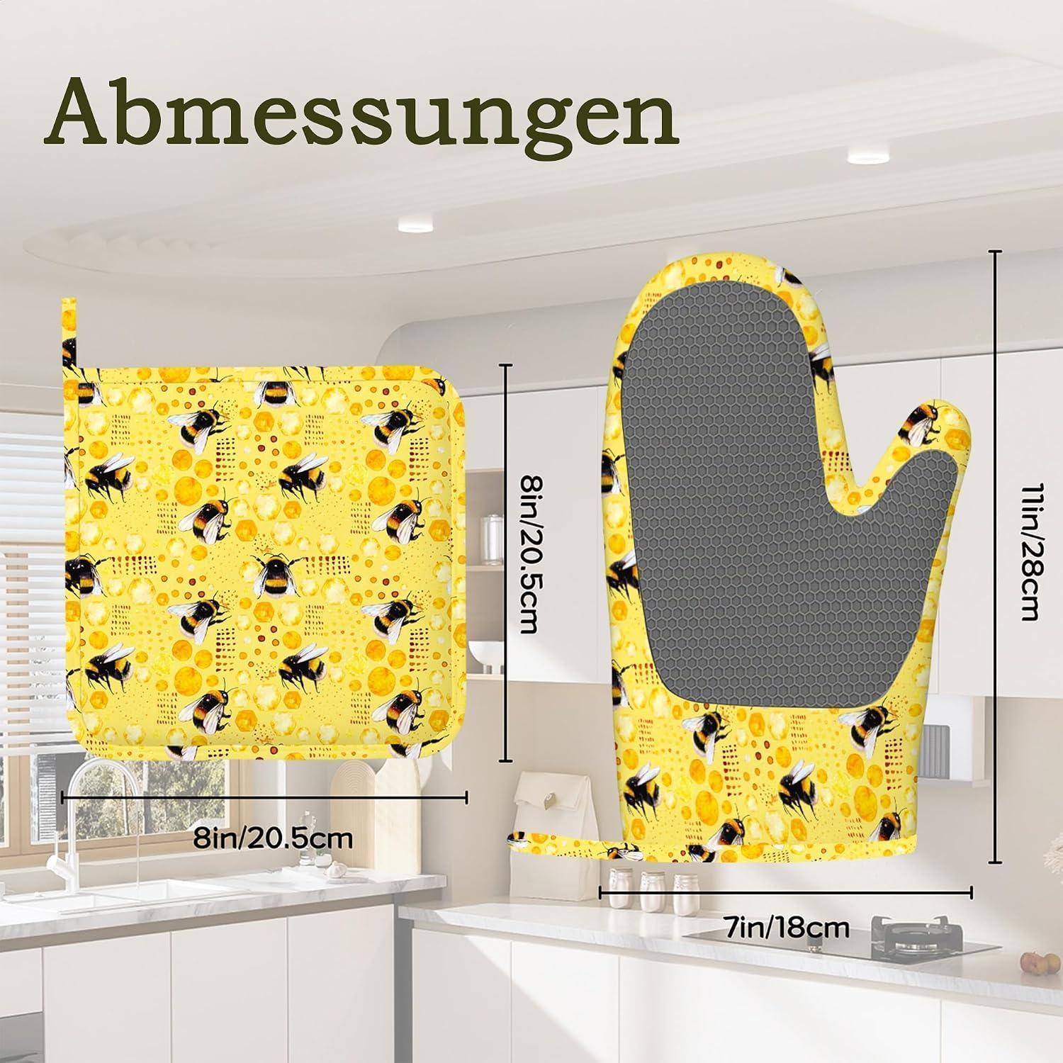 Produktbild einer gelben Ofenhandschuhe mit Bienenmuster mit Abmessungen: 11 Zoll/28 cm Höhe, 7 Zoll/18 cm Breite und 8 Zoll/20,5 cm über die Basis.