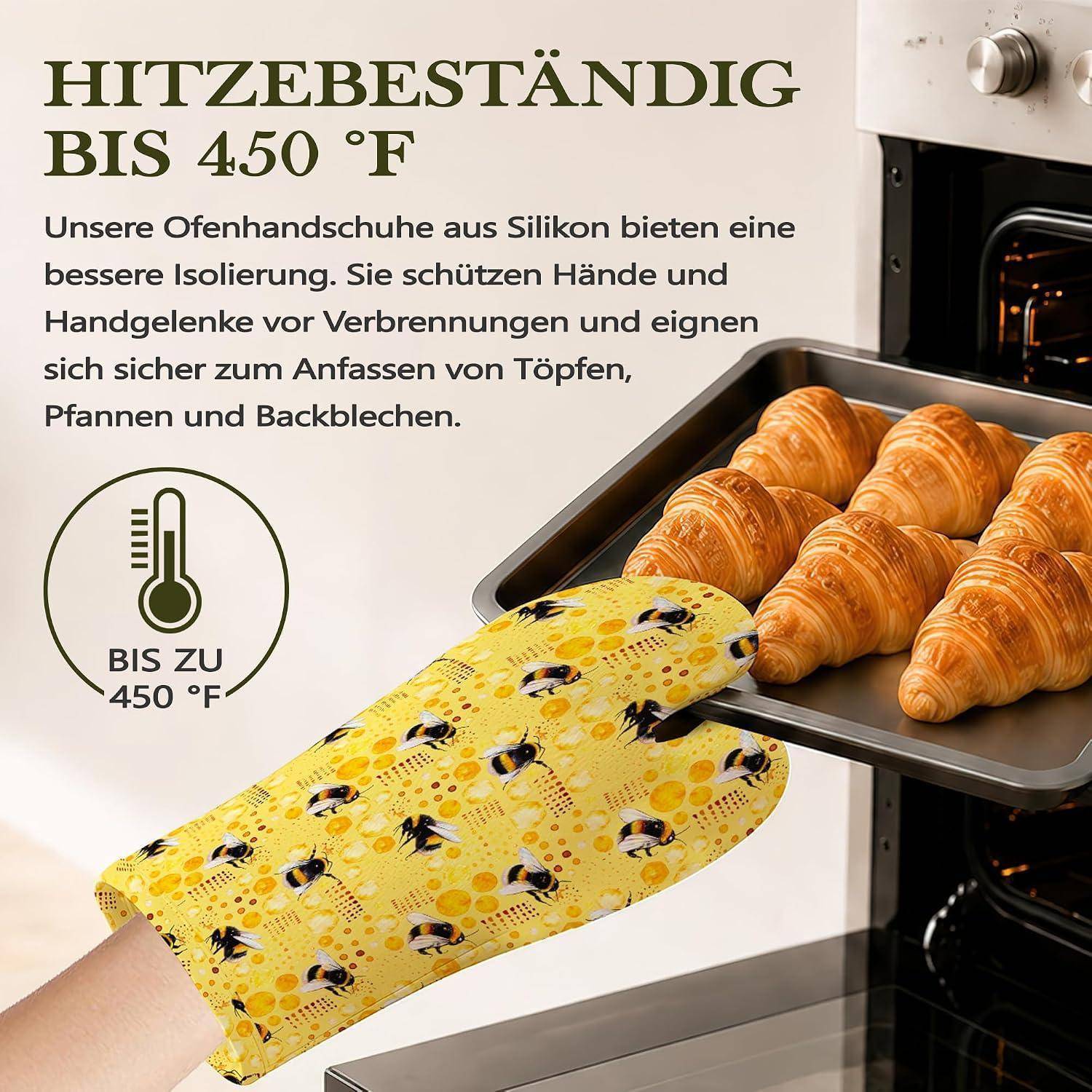 Ofenhandschuhe und Topflappen 4er Set Hitzebeständig Silikon Rutschfest Bienenmotiv