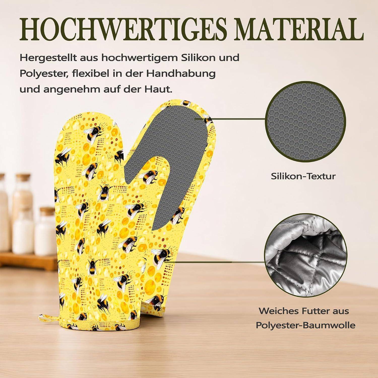 Produktpromo für Ofenhandschuhe mit hochwertigen Materialien aus Silikon und Polyester, mit Nahaufnahmen der Silikon-Textur und weicher Polyester-Baumwoll-Fütterung.