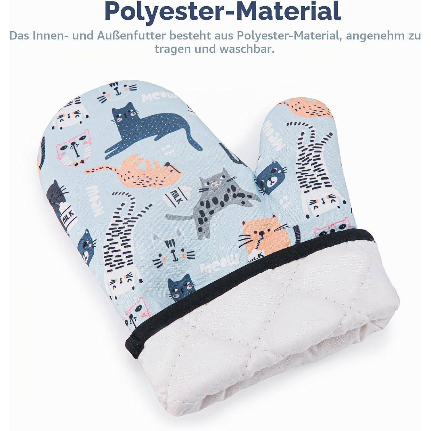 Gemusterte Polyester-Fäustlinge mit Katzendruck, gezeigt zur Veranschaulichung des waschbaren Innen- und Außenfutterstoffs.