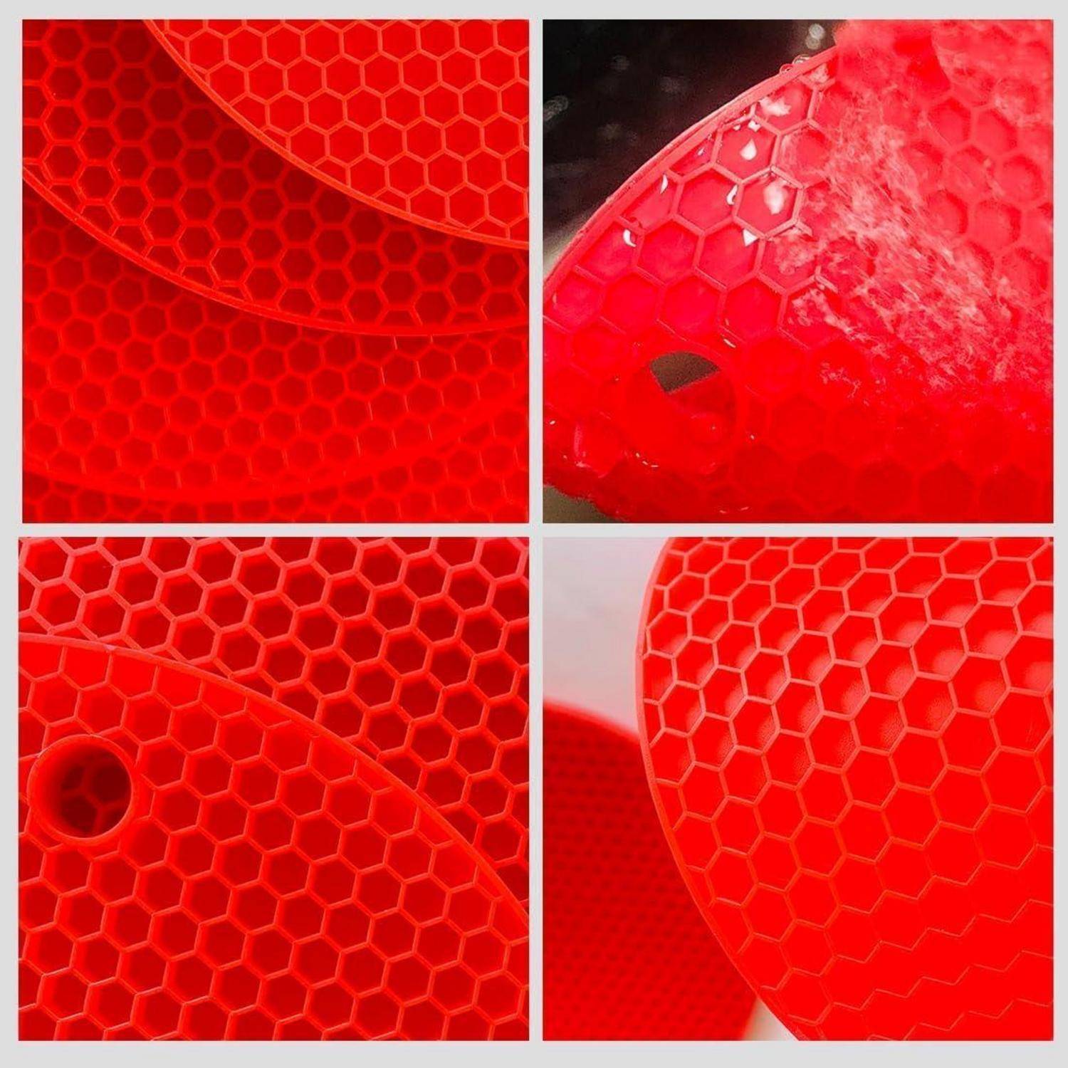 Vier Nahaufnahmen von leuchtend rotem sechseckigem Bienenwaben-Kunststoffgeflecht, die gekrümmte Blätter und ein beschädigtes Stück mit rauer Kante zeigen.