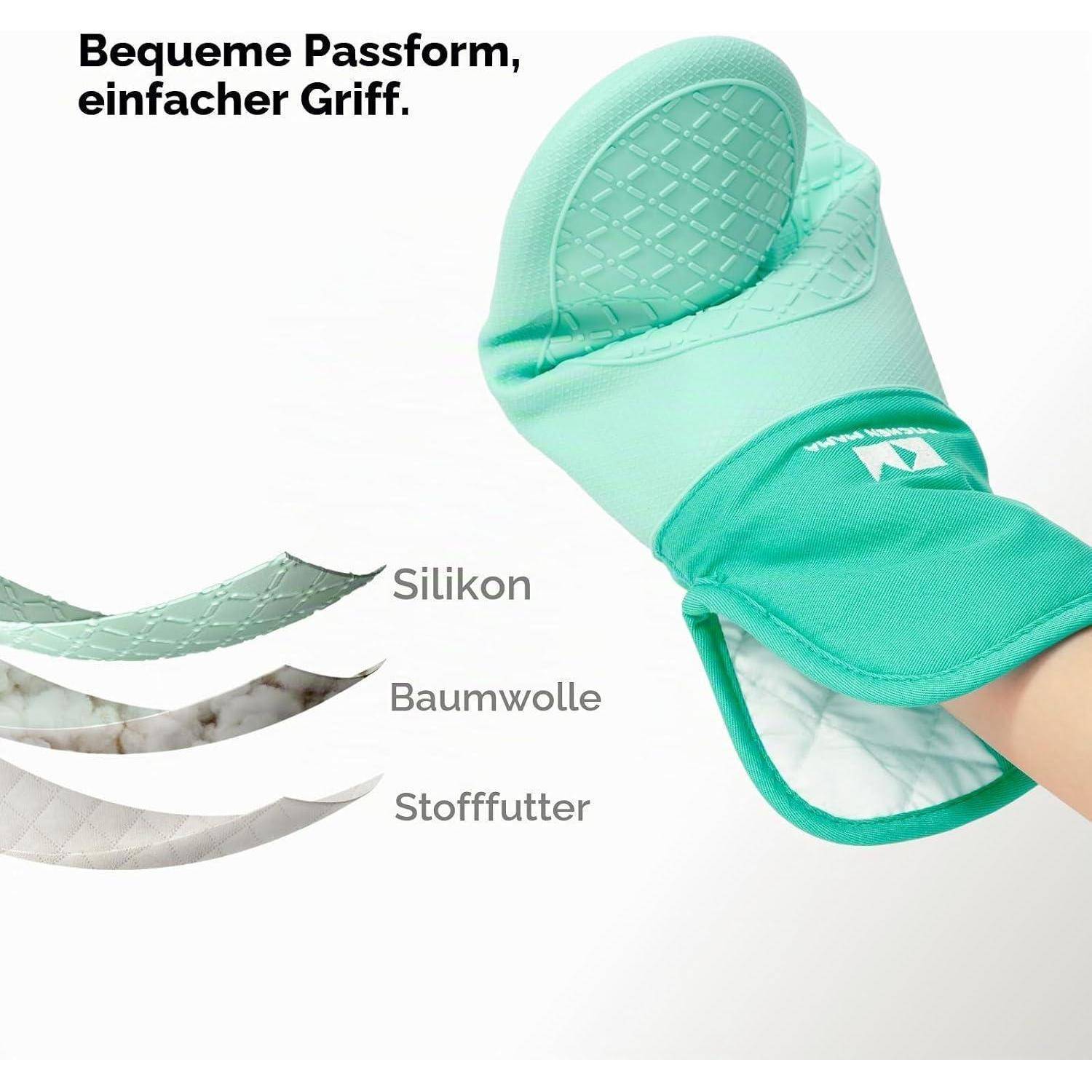 Grüner Ofenhandschuh mit Silikongriff und gesteppter Innenseite, mit Beschriftungen „Silikon