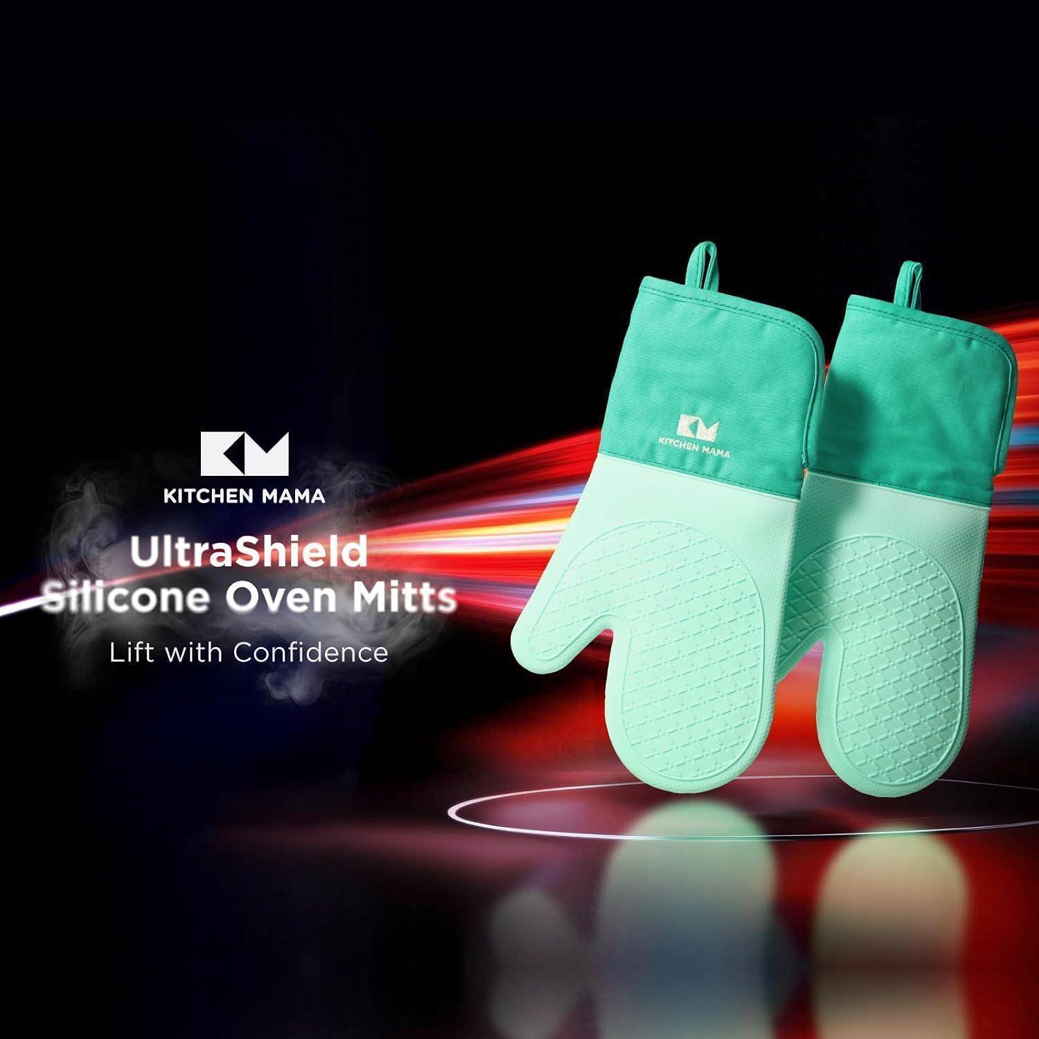 Werbebild von zwei mintgrünen Kitchen Mama UltraShield Silikon-Ofenhandschuhen mit dem Text „UltraShield Silikon-Ofenhandschuhe