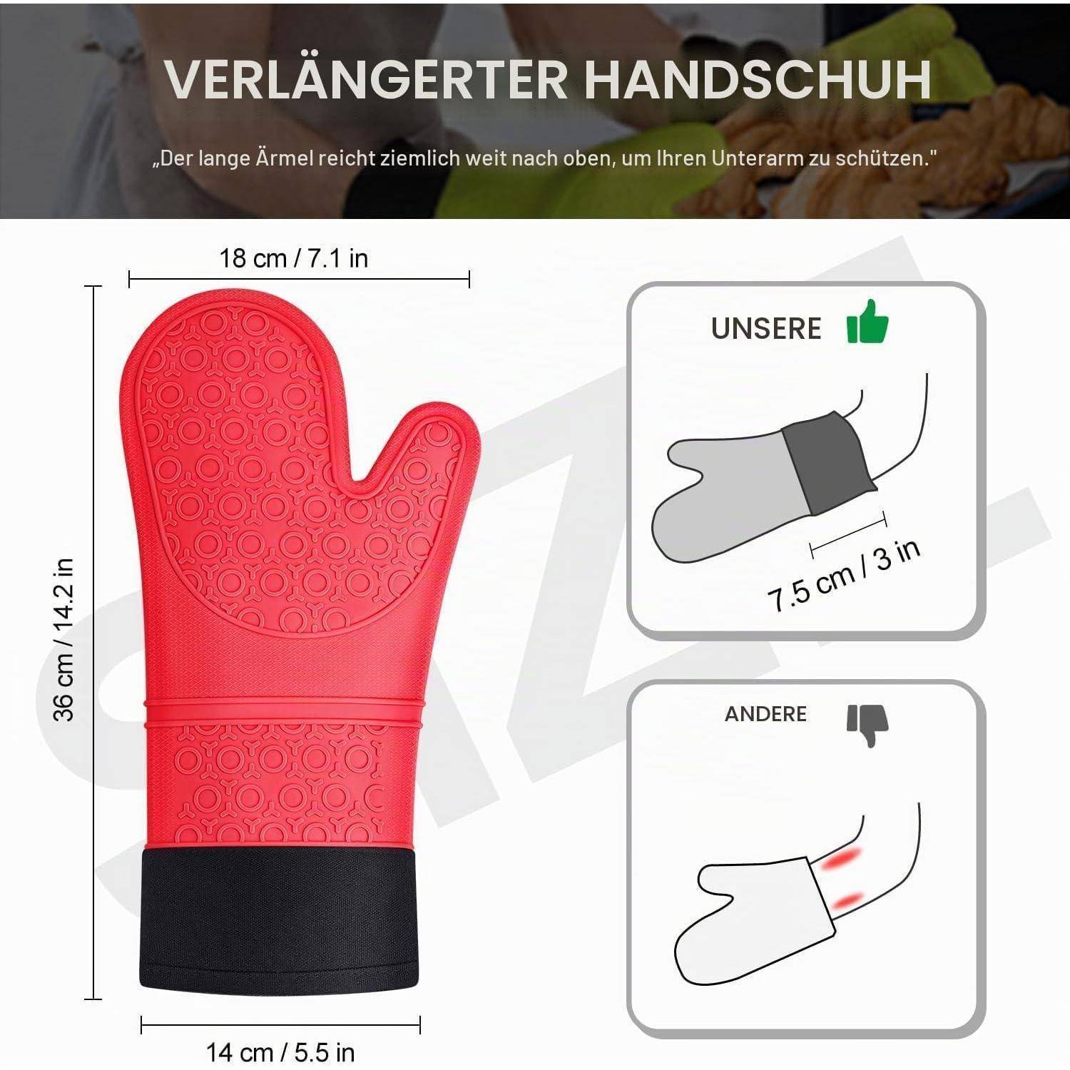 Abbildung einer verlängerten Handschuh mit langem Schaft, beschriftet mit 36 cm hoch und 18 cm breit, die eine bessere Unterarmbedeckung als andere Handschuhe zeigt.