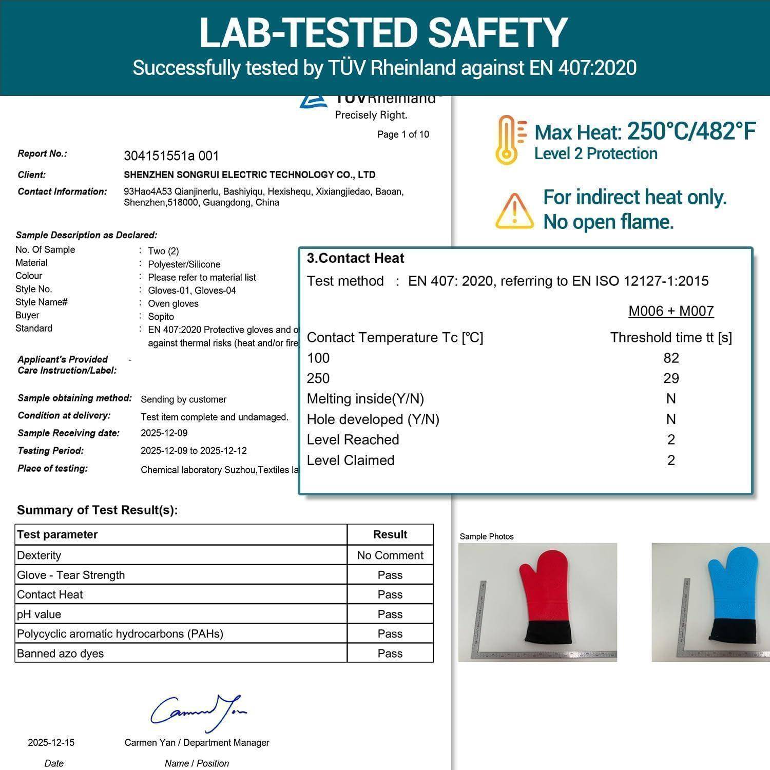 Im Labor getestete Sicherheitsberichte für Handschuhe mit EN 407:2020 Wärmeschutz. Maximale Hitze 250°C/482°F, Stufe 2; nur für indirekte Hitze, keine offene Flamme.