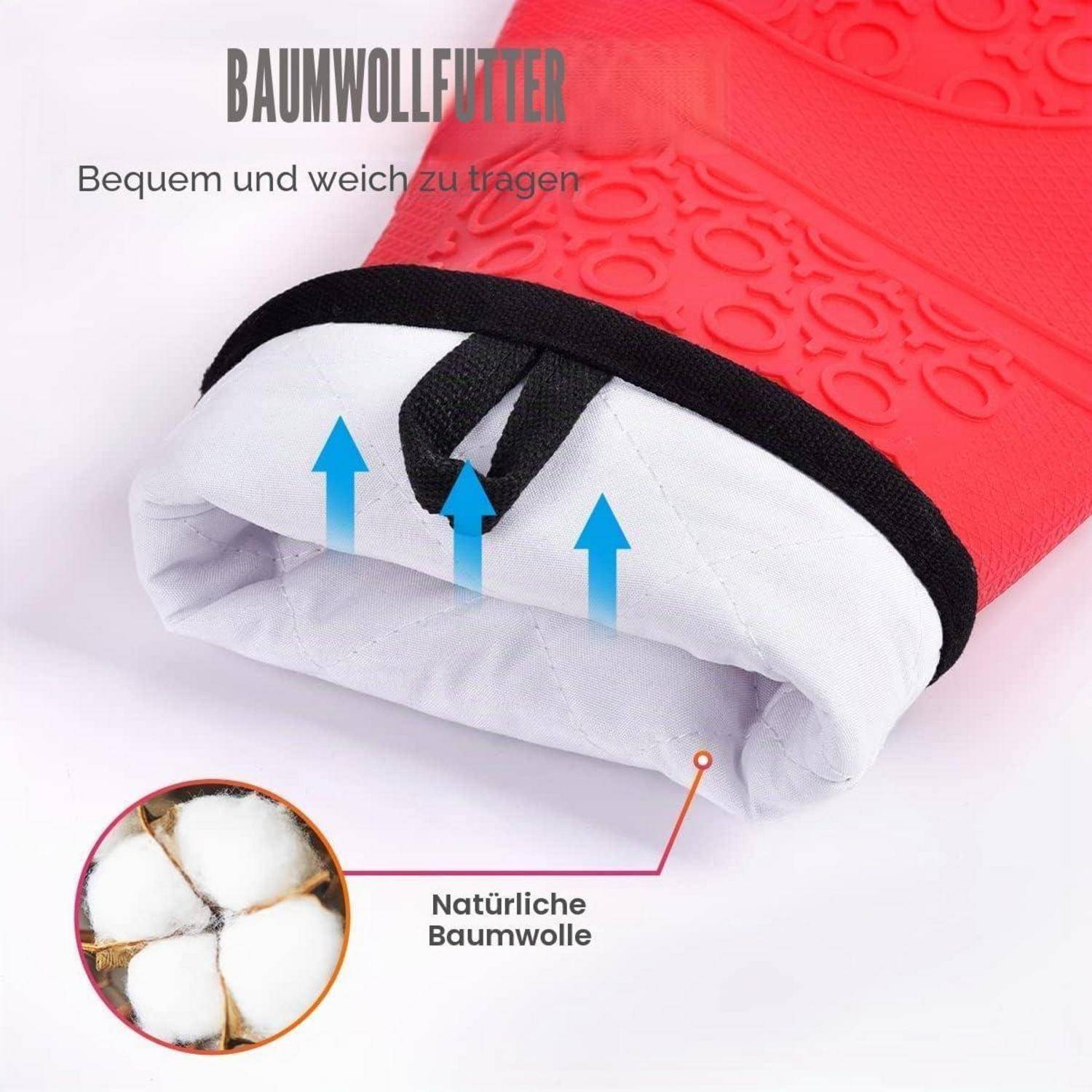 Abbildung eines roten gesteppten Handschuhs mit Futter, beschriftet mit „BAUMWOLLFUTTER